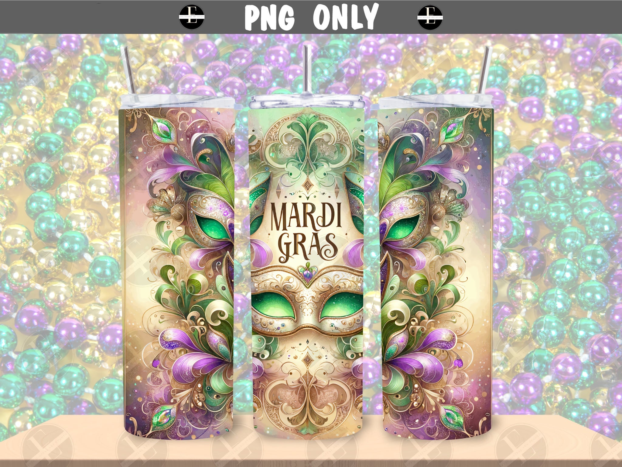 Mardi Gras Tumbler Wraps - Gold Glitter Mask Skinny Tumbler Wrap Design - Sublimation Designs Straight & Tapered - Instant Download