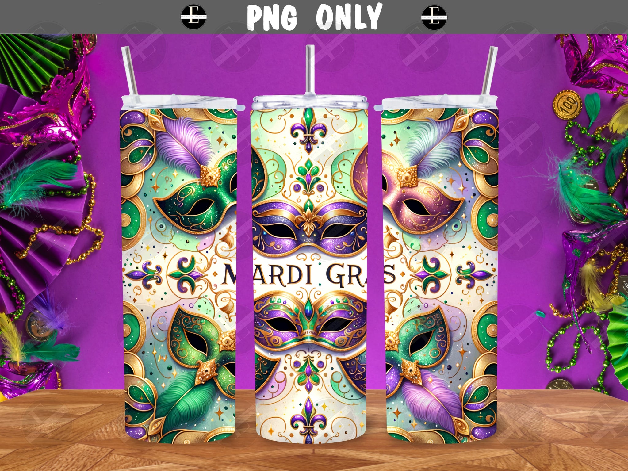 Mardi Gras Tumbler Wraps - Purple Glitter Masks Skinny Tumbler Wrap Design - Sublimation Designs Straight & Tapered - Instant Download