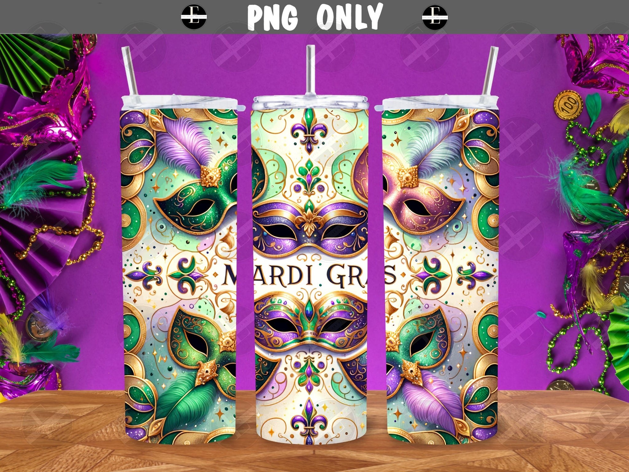 mardi gras tumbler wraps, mardi gras masks skinny tumbler sublimation designs art PNG 20 oz