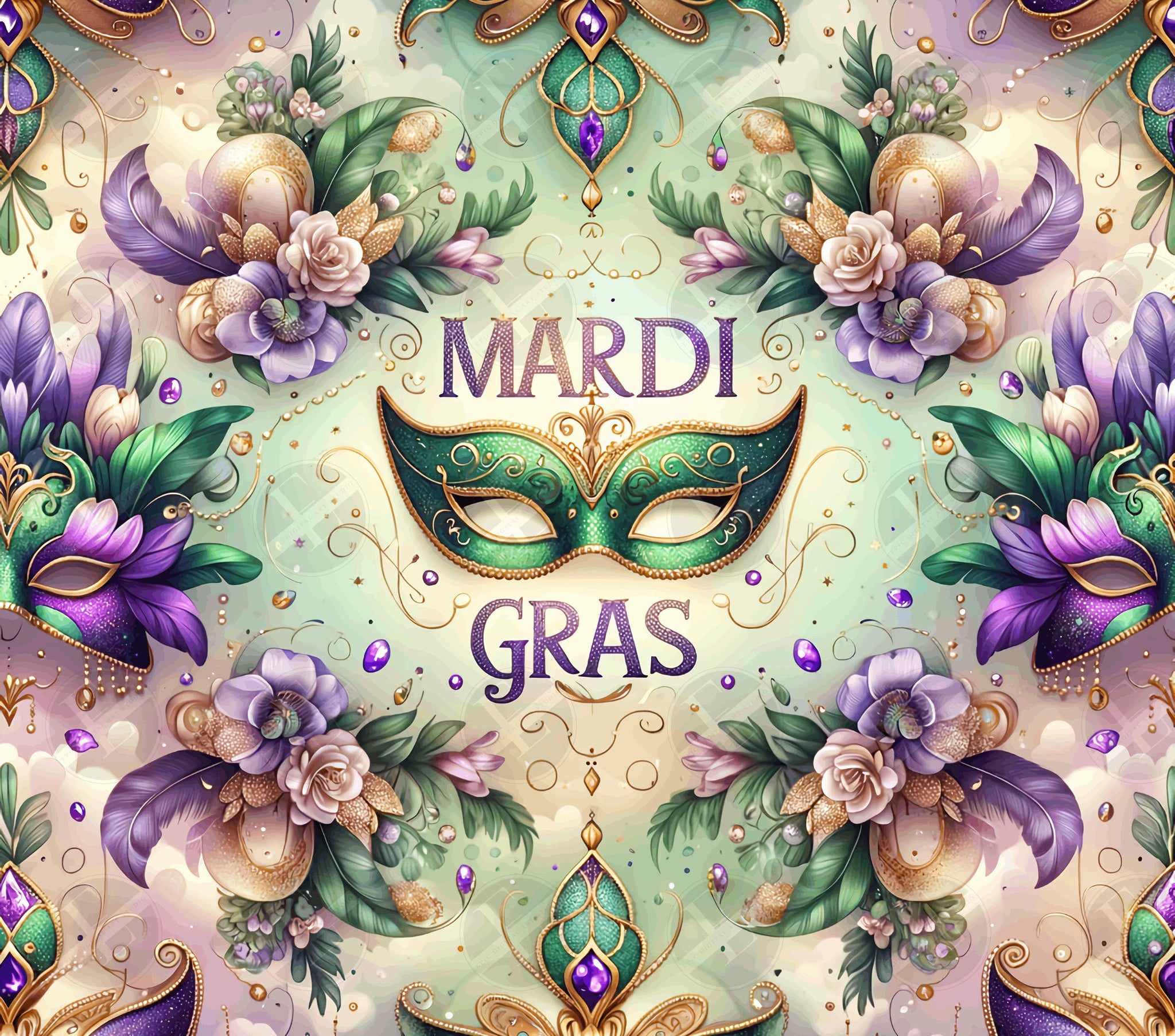 Mardi Gras Tumbler Wraps - Green Glitter Masks Skinny Tumbler Wrap Design - Sublimation Designs Straight & Tapered - Instant Download