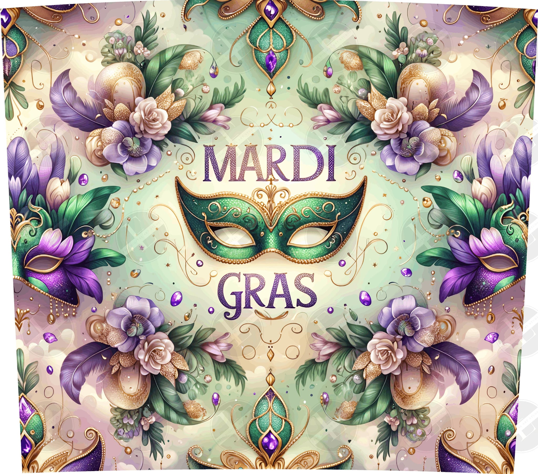 Mardi Gras Tumbler Wraps - Green Glitter Masks Skinny Tumbler Wrap Design - Sublimation Designs Straight & Tapered - Instant Download