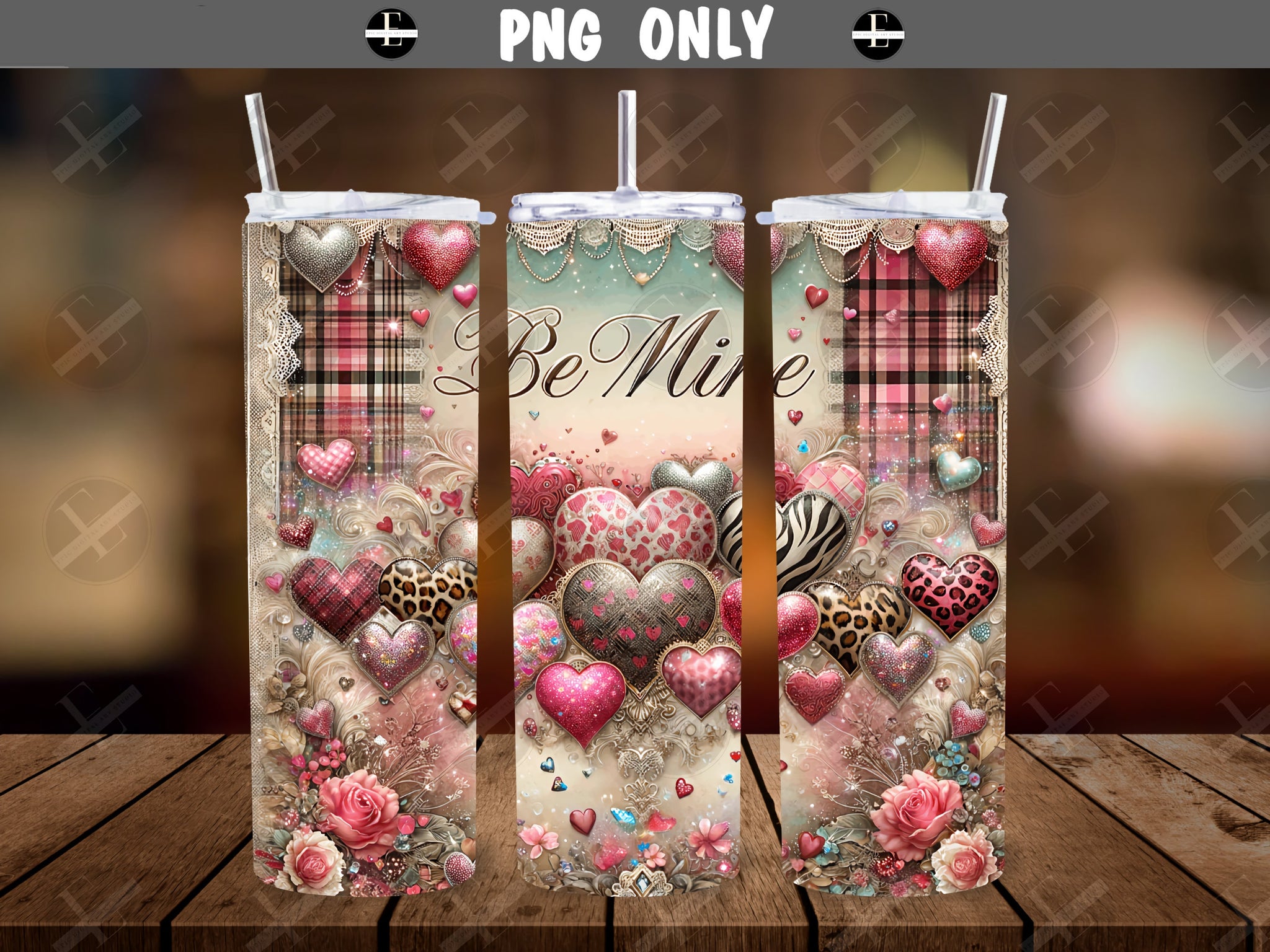 3D Valentines Day Tumbler Wraps - Be Mine Hearts Lace Skinny Tumbler Wrap Design - Sublimation Designs Straight & Tapered - Instant Download