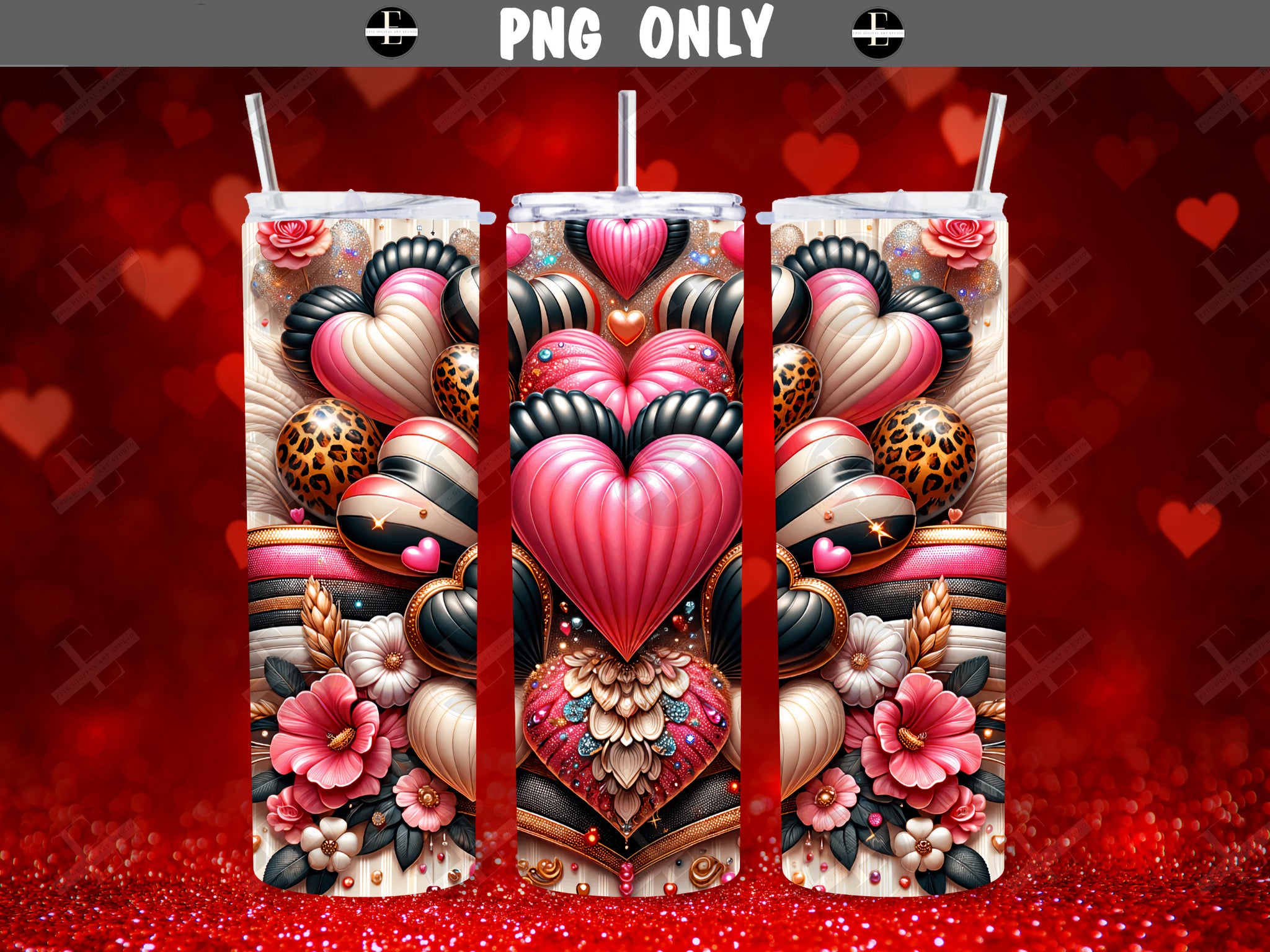 Valentines Day Tumbler Wraps - Bold Hearts Skinny Tumbler Wrap Design - Sublimation Designs Straight & Tapered - Instant Download