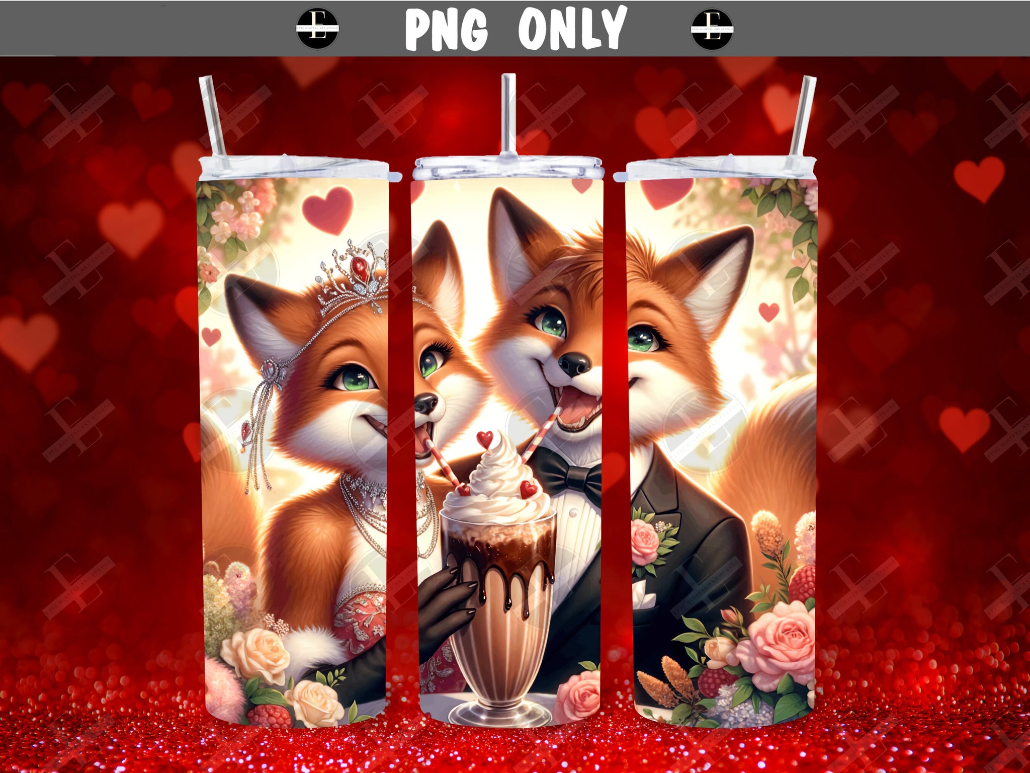 Valentine's Day Tumbler Wraps - Foxes Sipping Shake Skinny Tumbler Wrap Design - Sublimation Designs Straight & Tapered - Instant Download