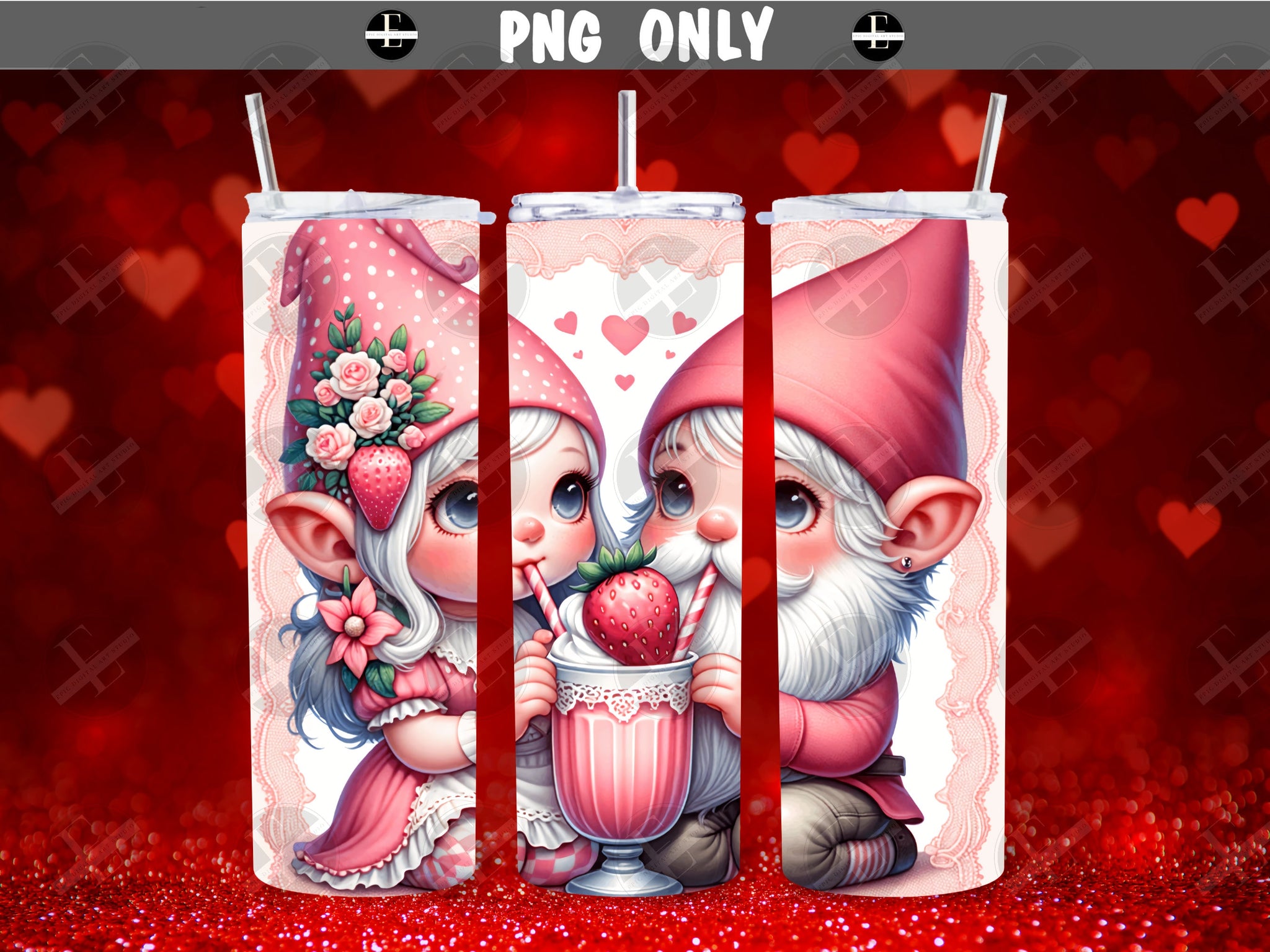 Valentine's Day Tumbler Wraps - Gnomes Sipping Shake Skinny Tumbler Wrap Design - Sublimation Designs Straight & Tapered - Instant Download