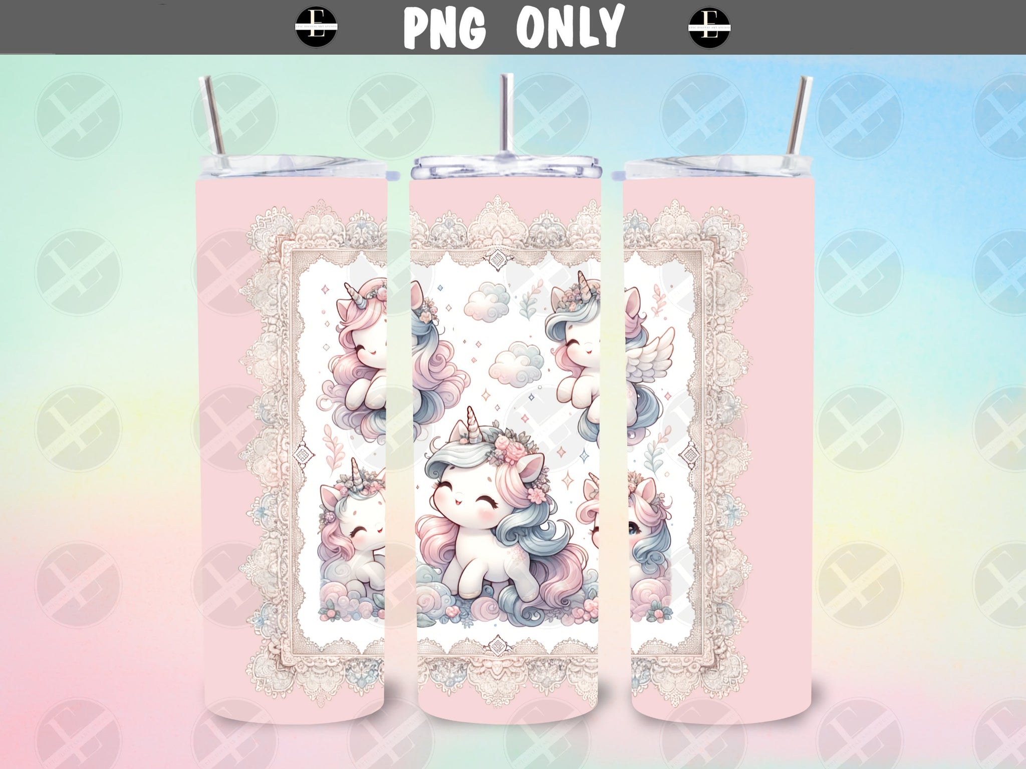 Unicorn Tumbler Wraps - Adorable Pastel Unicorns Skinny Tumbler Wrap - Tumbler Sublimation Designs Straight & Tapered - Instant Download