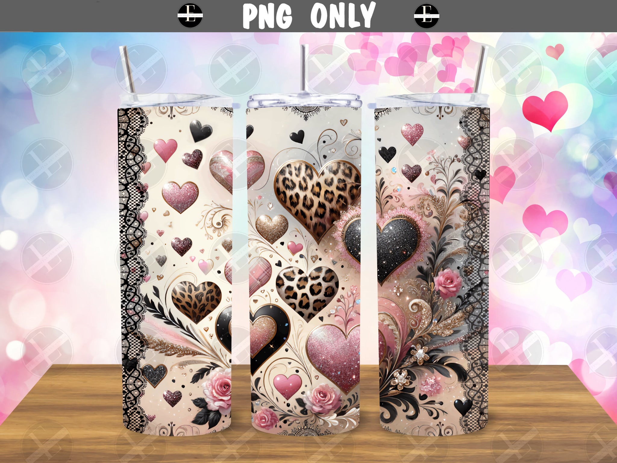 Valentines Day Tumbler Wraps - Animal Print Hearts Skinny Tumbler Wrap Design - Sublimation Designs Straight & Tapered - Instant Download