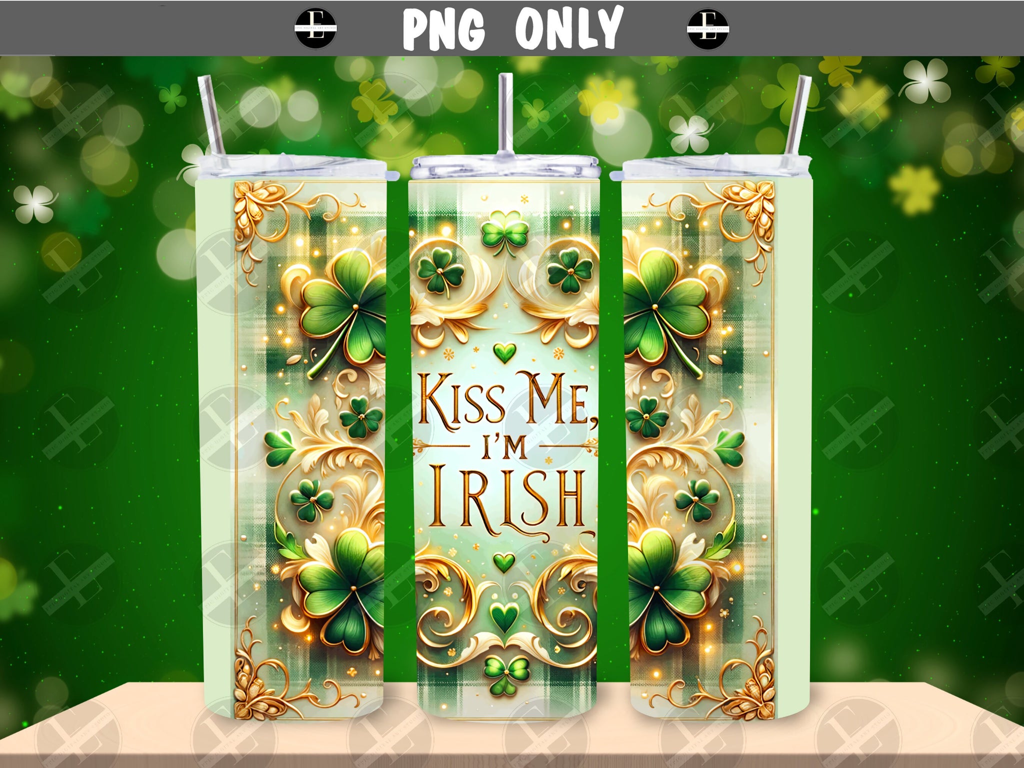 St Patricks Tumbler Wraps - Kiss Me I'm Irish Skinny Tumbler Wrap Design - Sublimation Designs Straight & Tapered - Instant Download