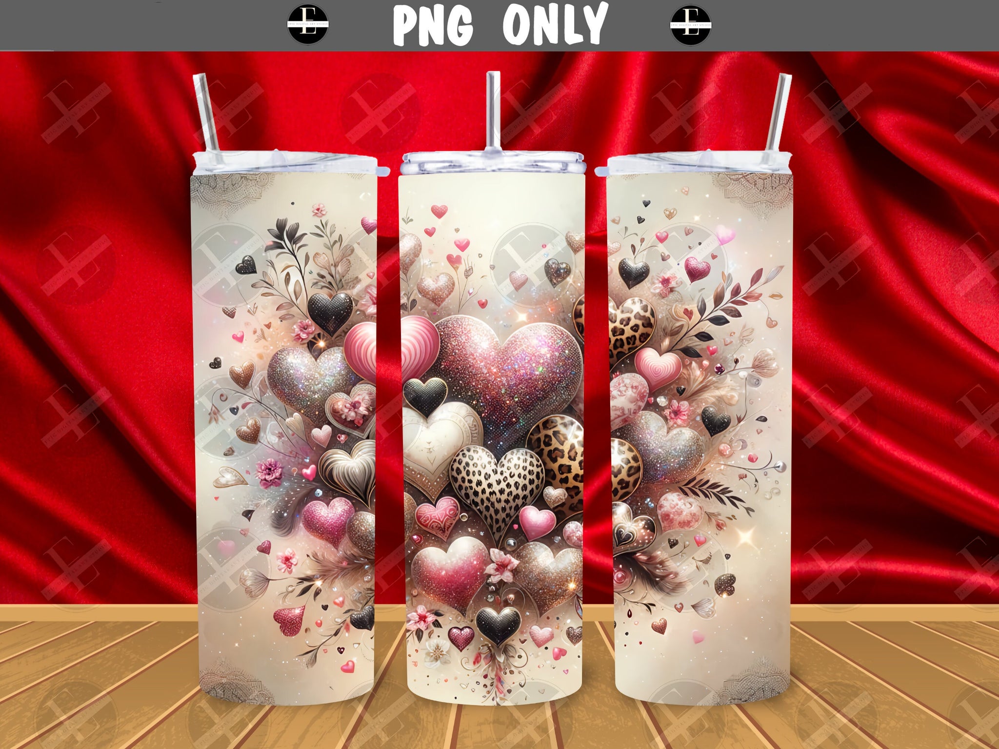 Valentines Day Tumbler Wraps - Sparkling Hearts Skinny Tumbler Wrap Design - Sublimation Designs Straight & Tapered - Instant Download