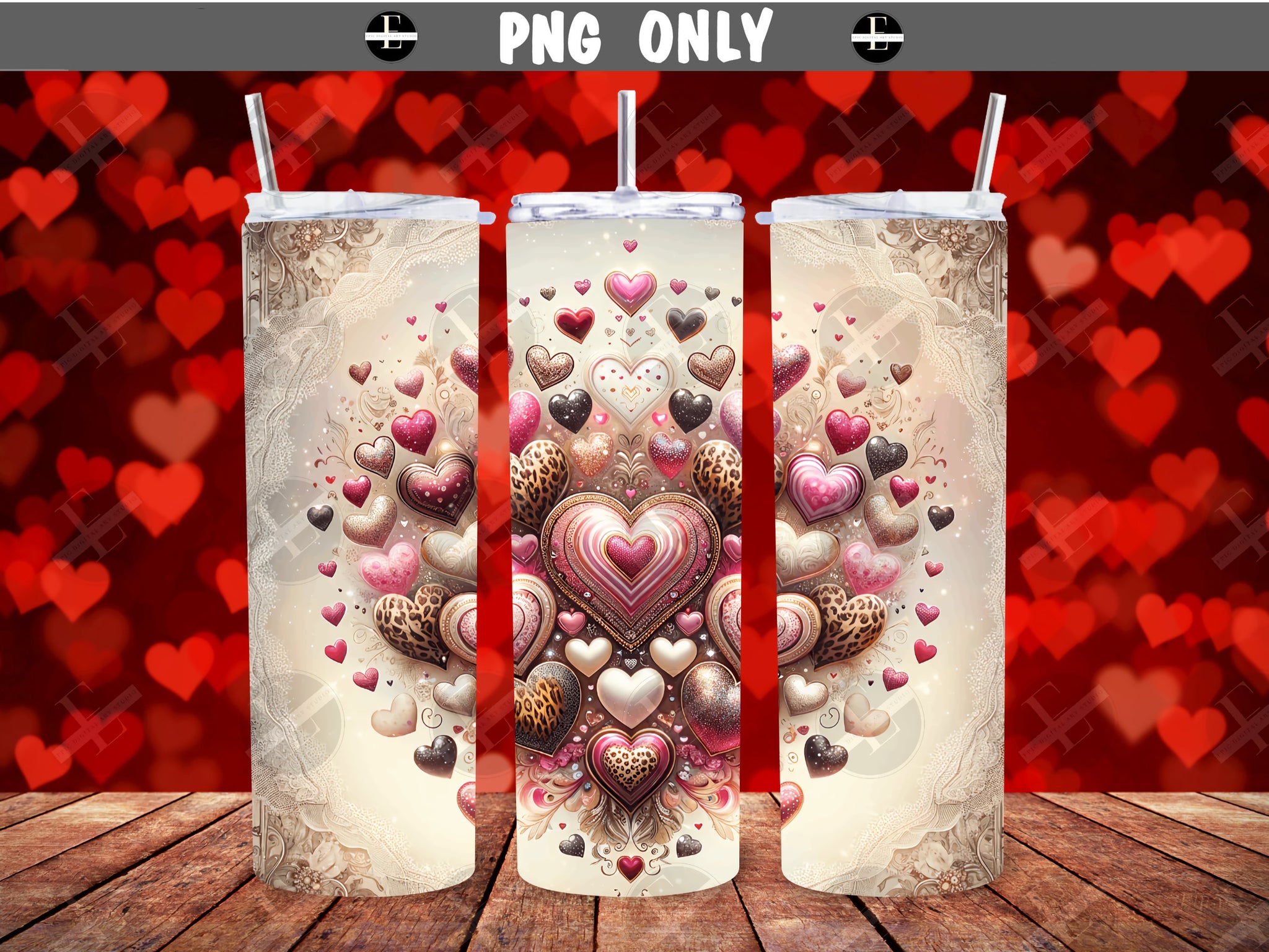 Valentines Day Tumbler Wraps - Sparkling Hearts Skinny Tumbler Wrap Design - Sublimation Designs Straight & Tapered - Instant Download
