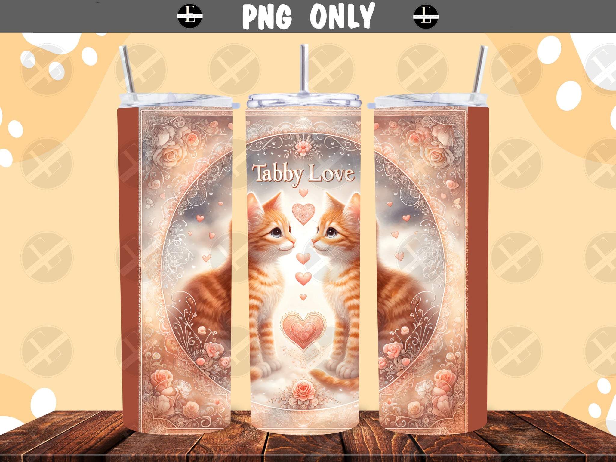 Cat Tumbler Wraps - Tabby Cat Love Pet Tumbler Wrap Design - Sublimation Designs Straight & Tapered - Instant Download