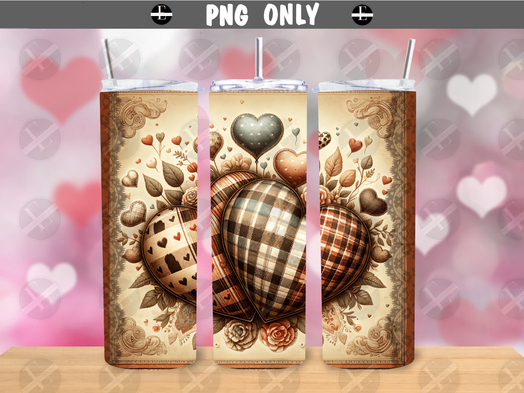 Valentines Day Tumbler Wraps - Vintage Plaid Hearts Skinny Tumbler Wrap Design - Sublimation Designs Straight & Tapered - Instant Download