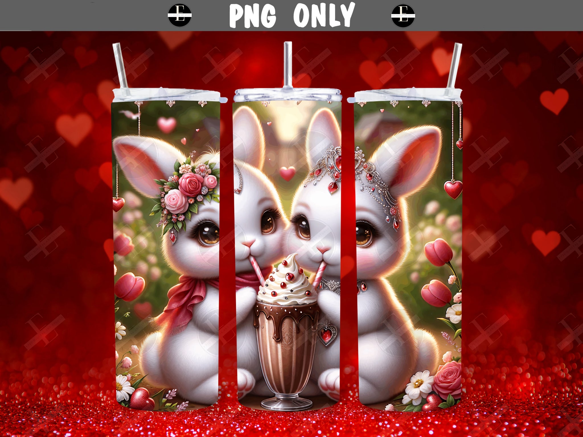 Valentine's Day Tumbler Wraps - Rabbits Sipping Shake Skinny Tumbler Wrap Design - Sublimation Designs Straight & Tapered - Instant Download