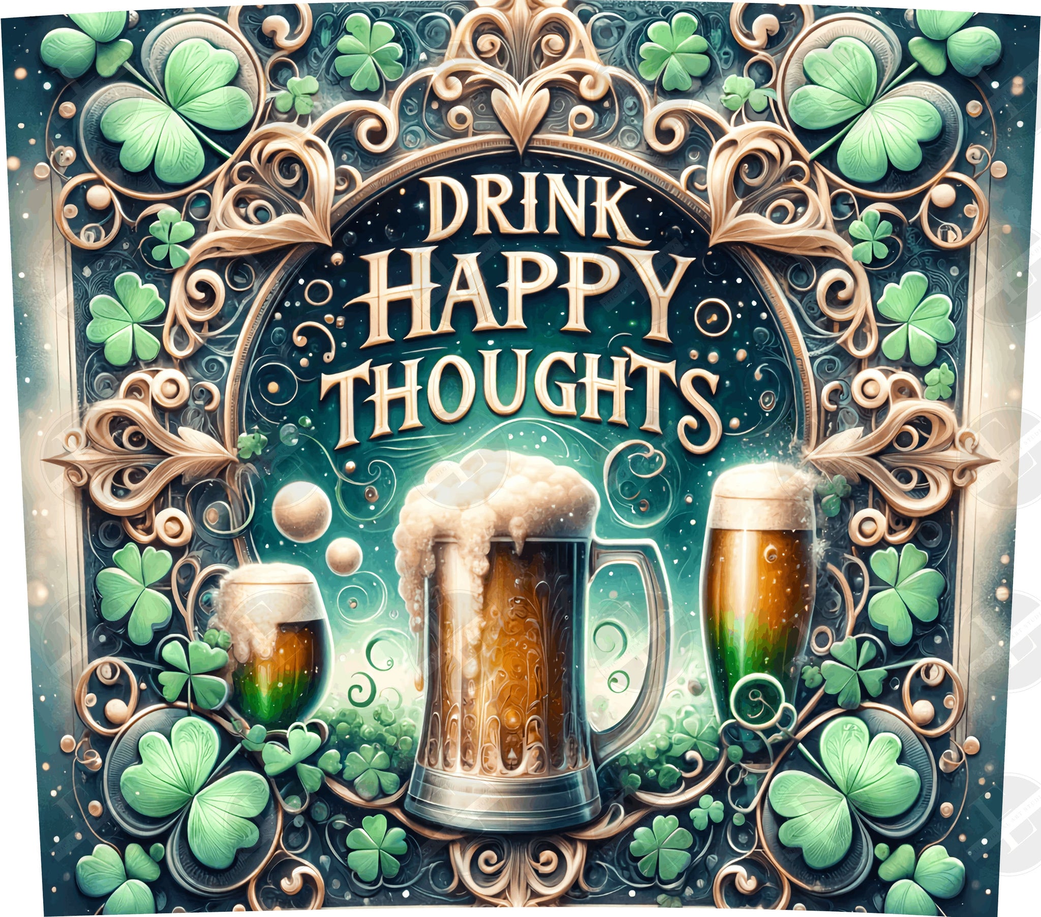 St Patricks Tumbler Wraps - Drink Happy Thoughts Skinny Tumbler Wrap Design - Sublimation Designs Straight & Tapered - Instant Download