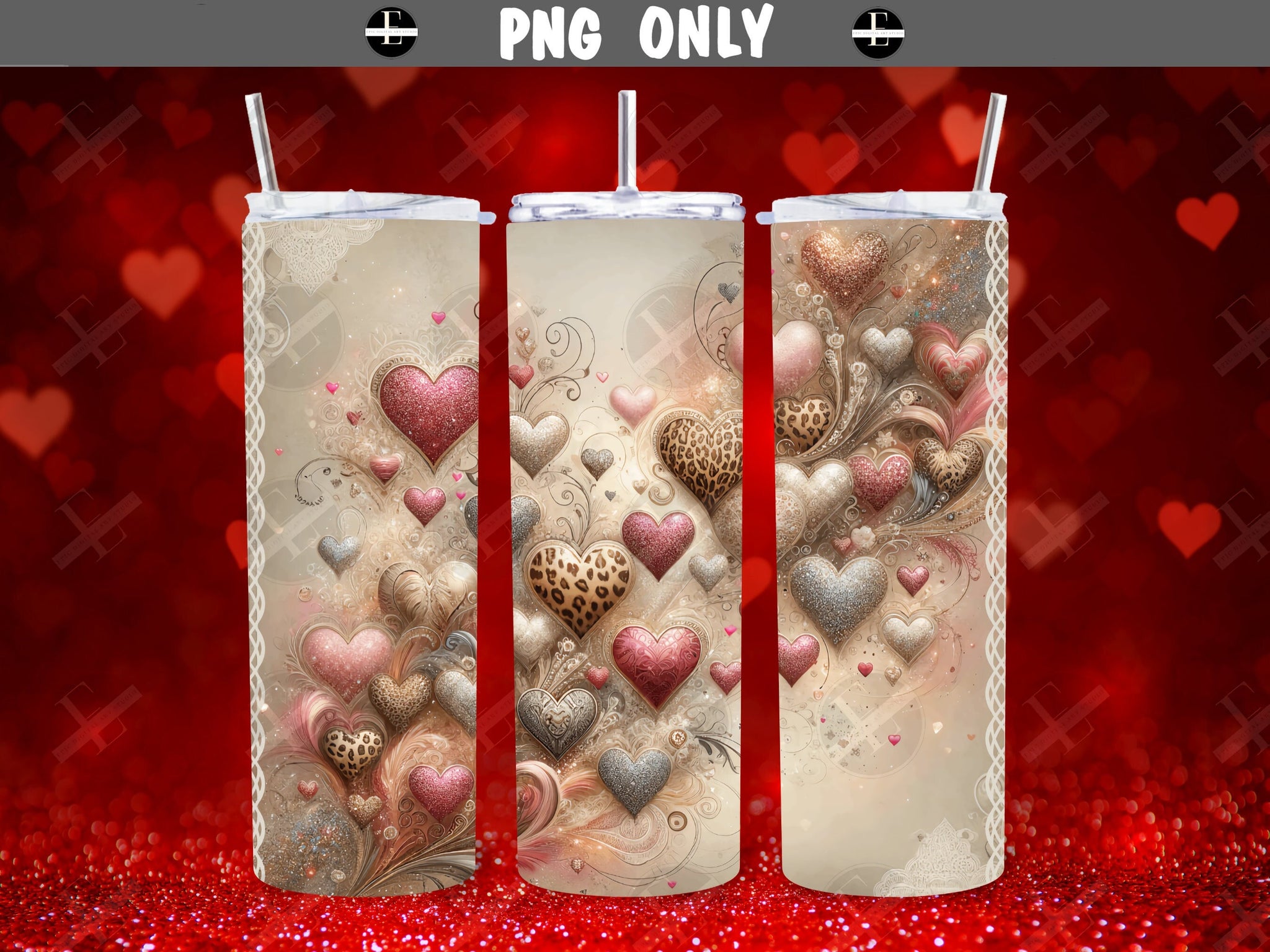 valentines tumbler wraps, animal print hearts glitter, skinny tumbler sublimation design art 20 oz