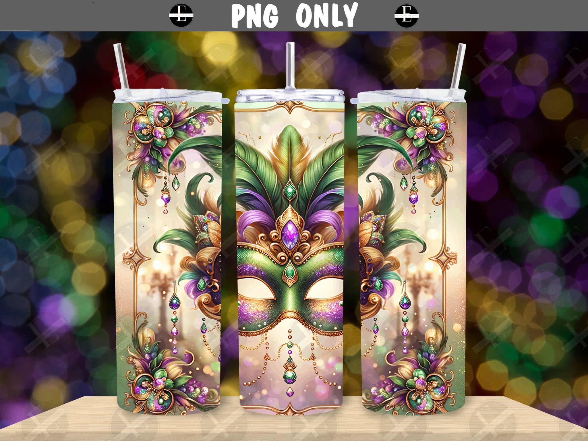 Mardi Gras Tumbler Wraps - Purple Glitter Mask Skinny Tumbler Wrap Design - Sublimation Designs Straight & Tapered - Instant Download