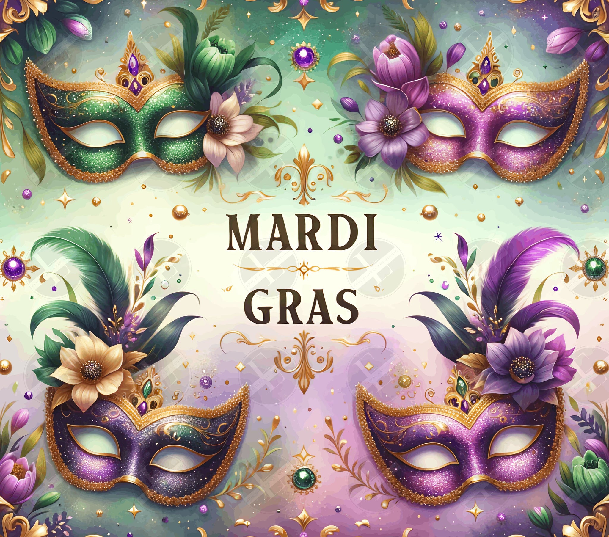 Mardi Gras Tumbler Wraps - Purple Glitter Mask Skinny Tumbler Wrap Design - Sublimation Designs Straight & Tapered - Instant Download