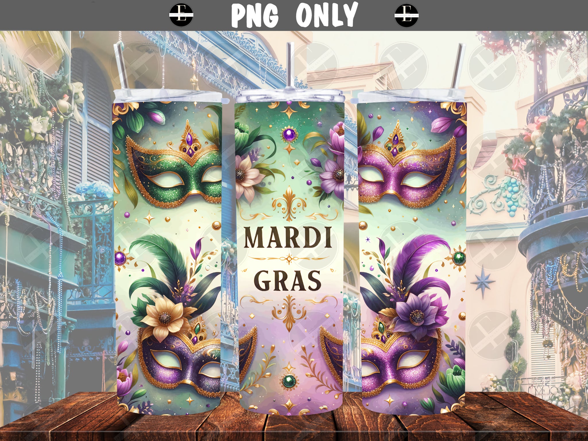 Mardi Gras Tumbler Wraps - Purple Glitter Mask Skinny Tumbler Wrap Design - Sublimation Designs Straight & Tapered - Instant Download