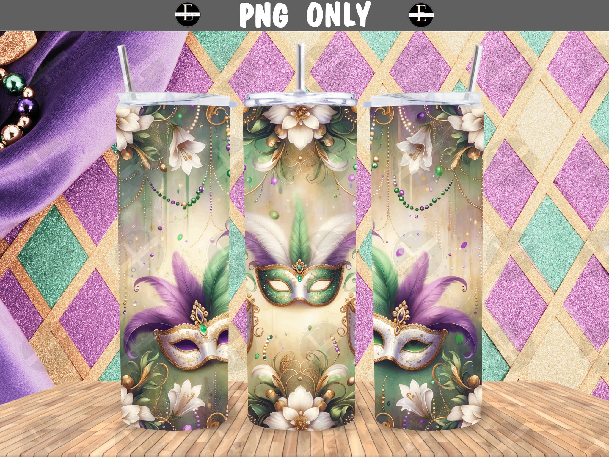 Mardi Gras Tumbler Wraps - Purple Glitter Mask Skinny Tumbler Wrap Design - Sublimation Designs Straight & Tapered - Instant Download