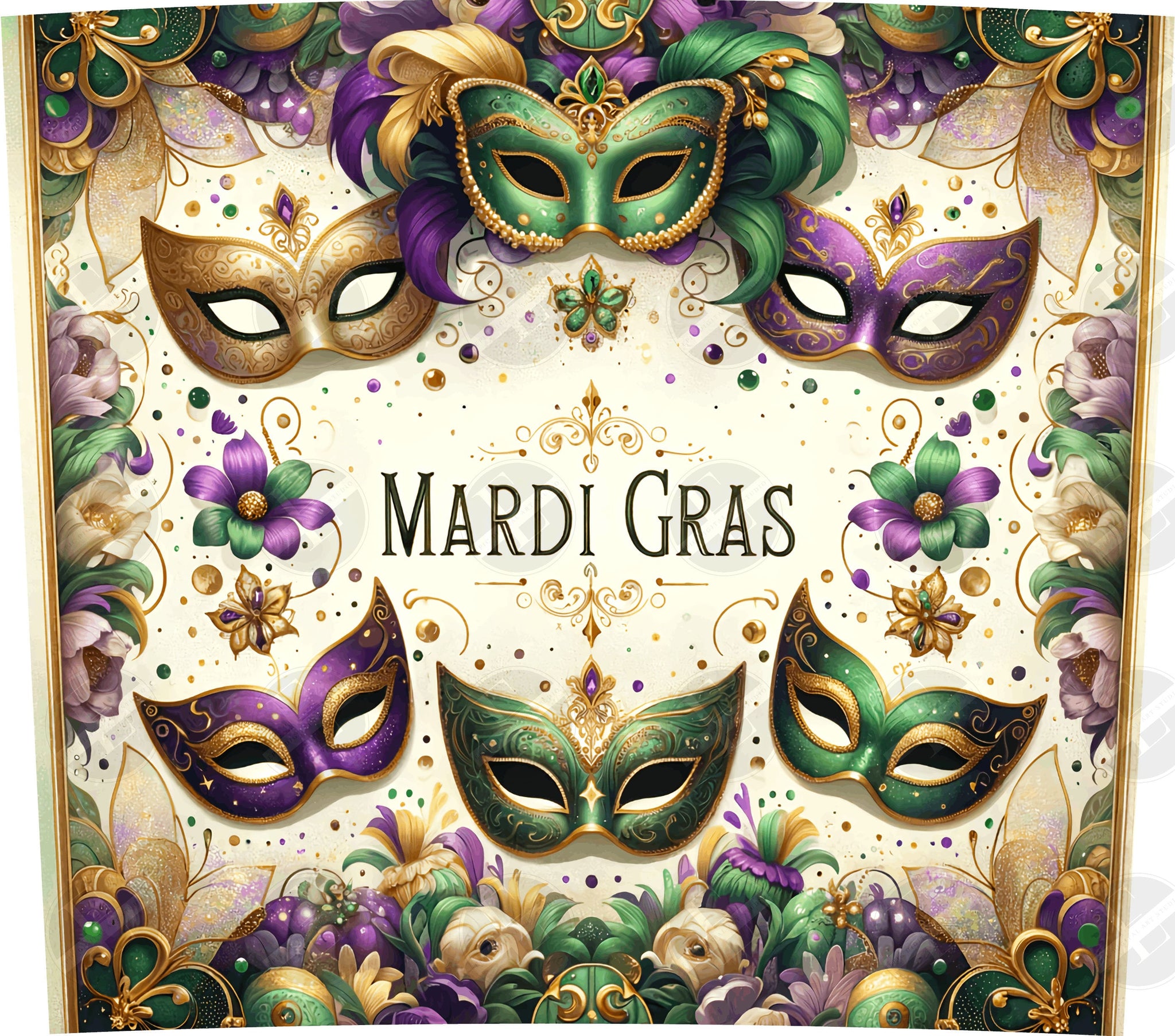 Mardi Gras Tumbler Wraps - Purple Glitter Mask Skinny Tumbler Wrap Design - Sublimation Designs Straight & Tapered - Instant Download