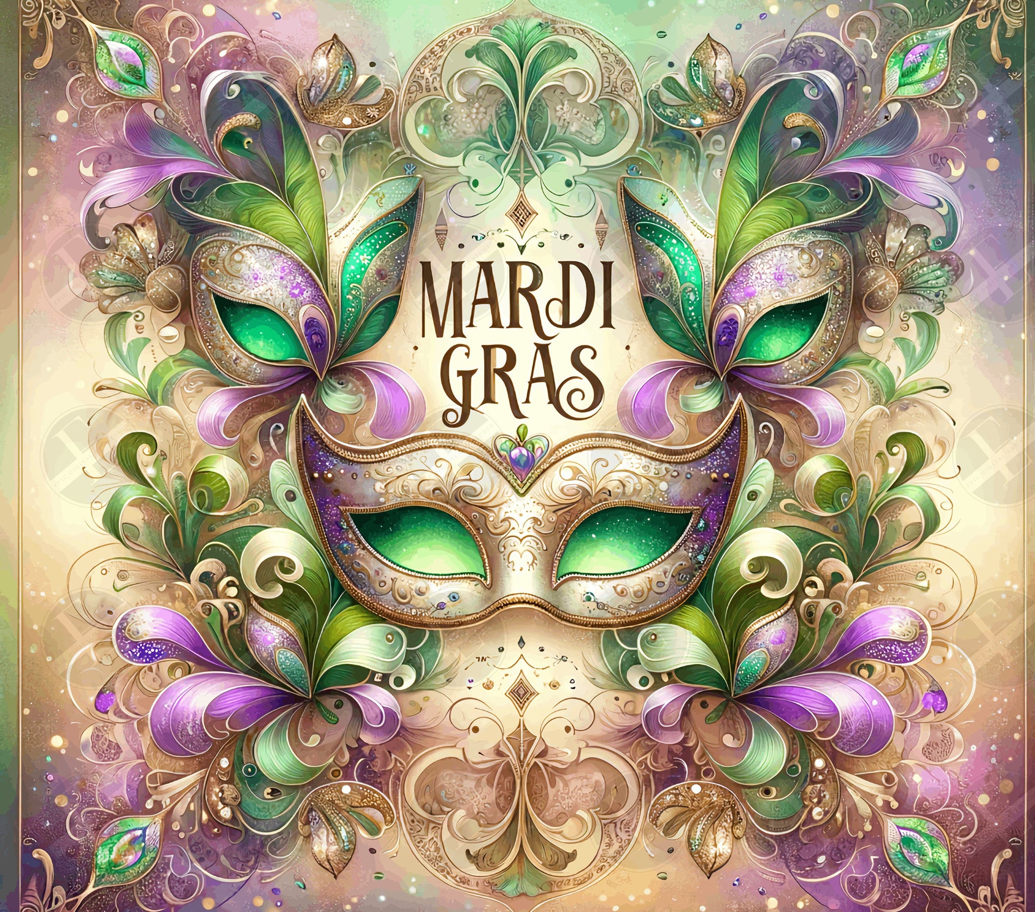 Mardi Gras Tumbler Wraps - Gold Glitter Mask Skinny Tumbler Wrap Design - Sublimation Designs Straight & Tapered - Instant Download