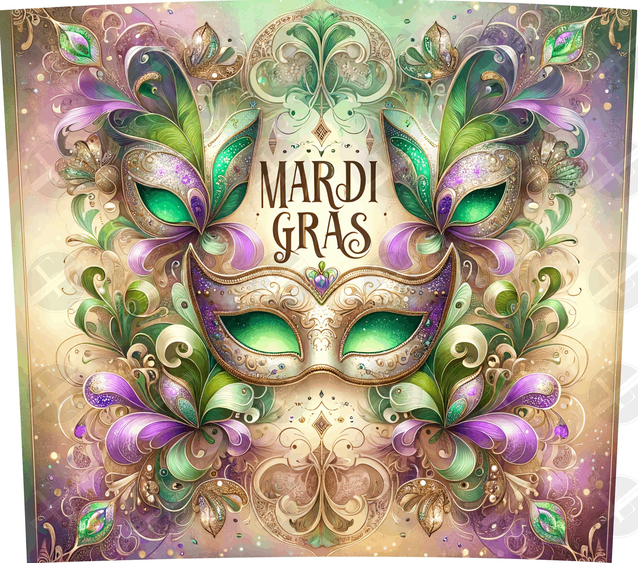 Mardi Gras Tumbler Wraps - Gold Glitter Mask Skinny Tumbler Wrap Design - Sublimation Designs Straight & Tapered - Instant Download