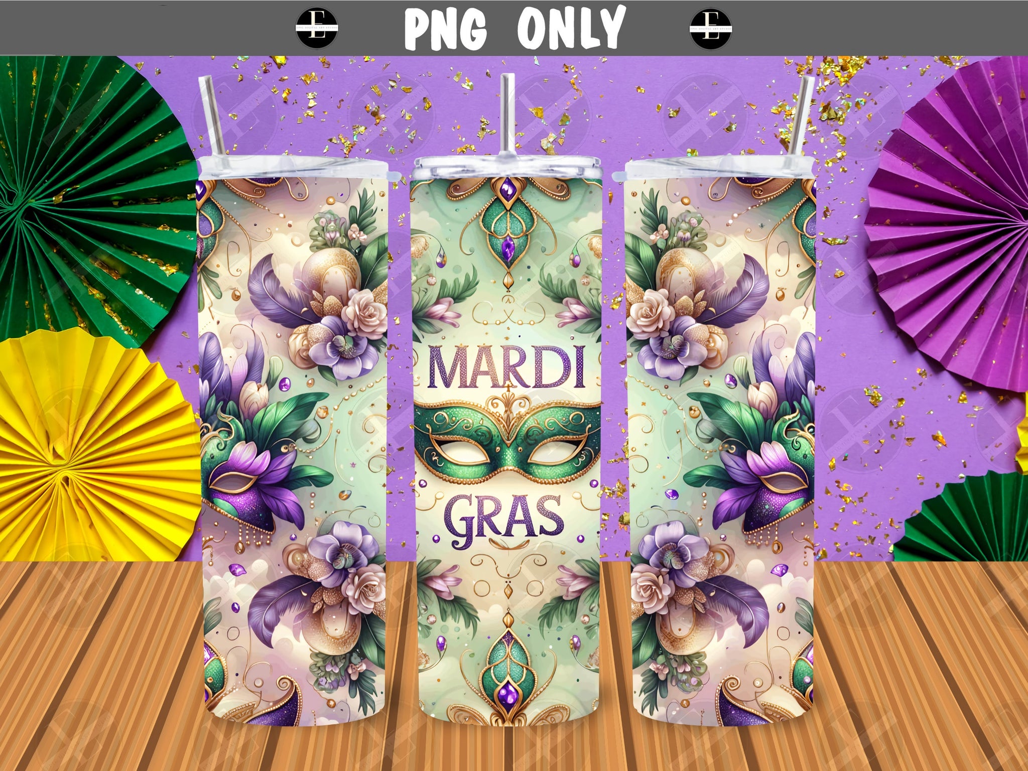 Mardi Gras Tumbler Wraps - Green Glitter Masks Skinny Tumbler Wrap Design - Sublimation Designs Straight & Tapered - Instant Download