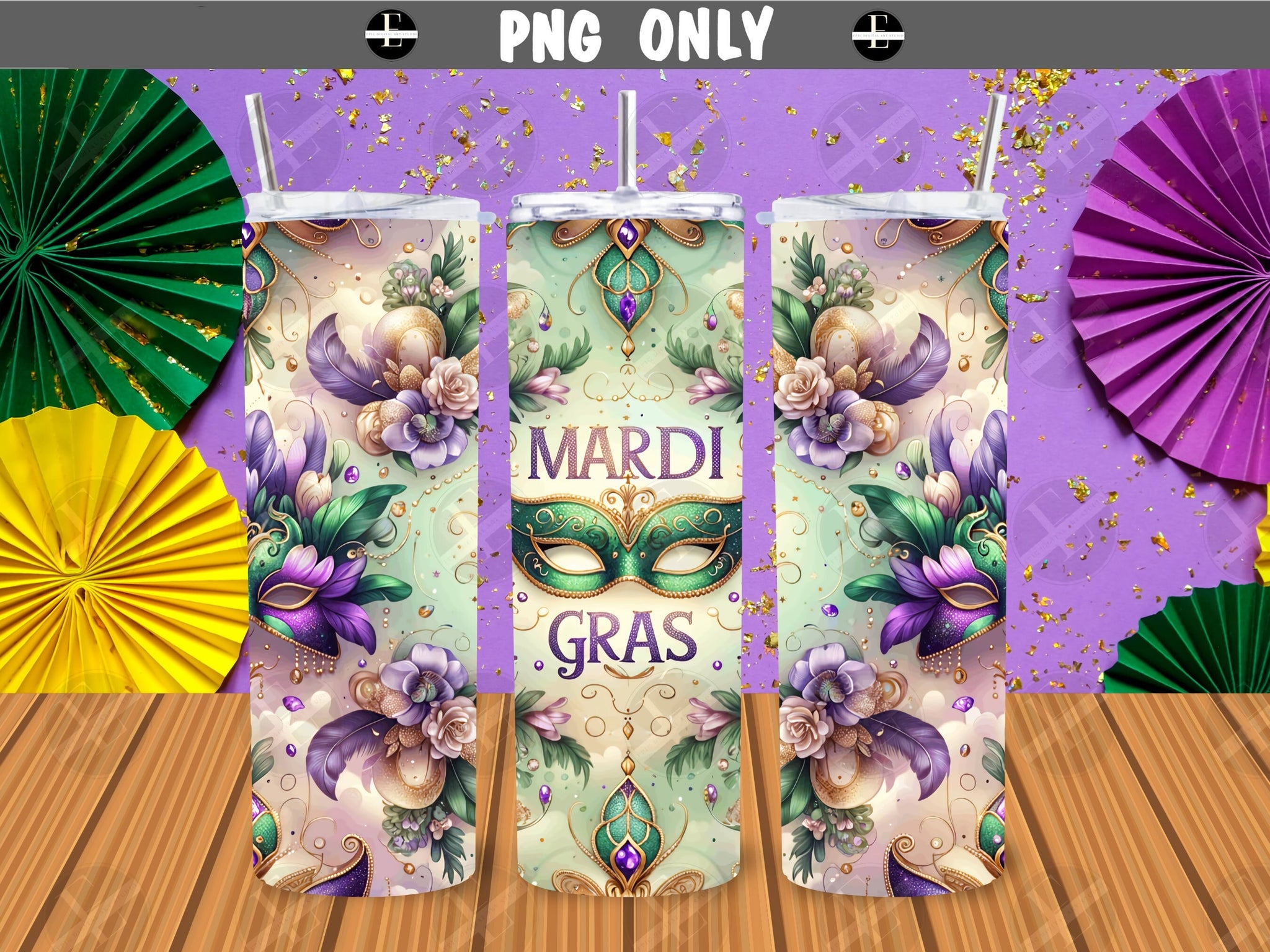 mardi gras tumbler wraps, mardi gras mask skinny tumbler sublimation design art PNG 20 oz