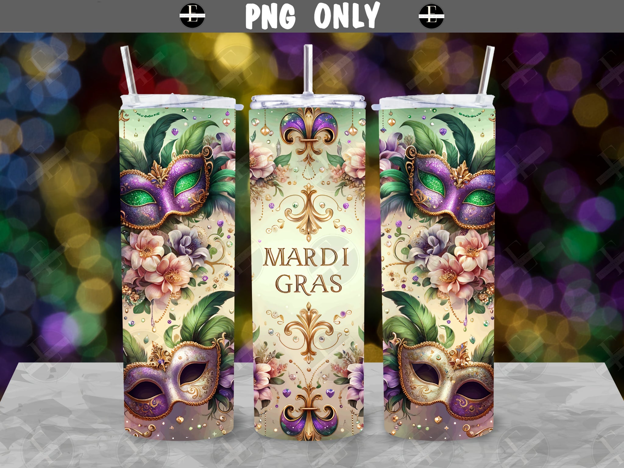 Mardi Gras Tumbler Wraps - Purple Glitter Mask Skinny Tumbler Wrap Design - Sublimation Designs Straight & Tapered - Instant Download