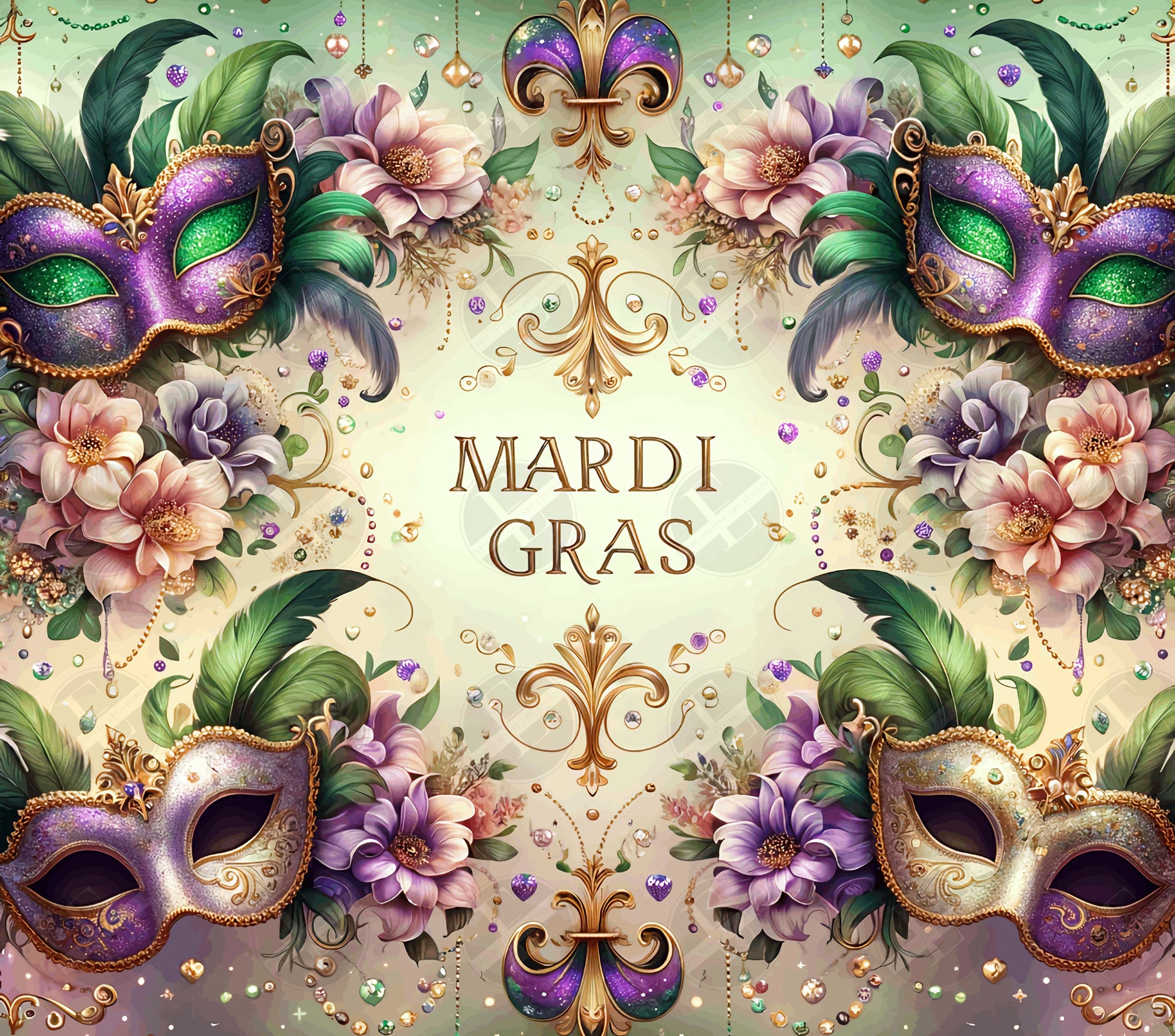 Mardi Gras Tumbler Wraps - Purple Glitter Mask Skinny Tumbler Wrap Design - Sublimation Designs Straight & Tapered - Instant Download