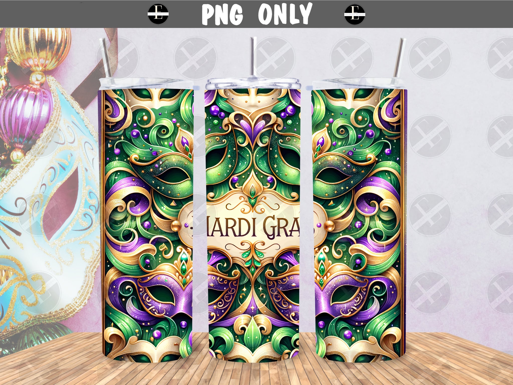 Mardi Gras Tumbler Wraps - Purple Glitter Mask Skinny Tumbler Wrap Design - Sublimation Designs Straight & Tapered - Instant Download