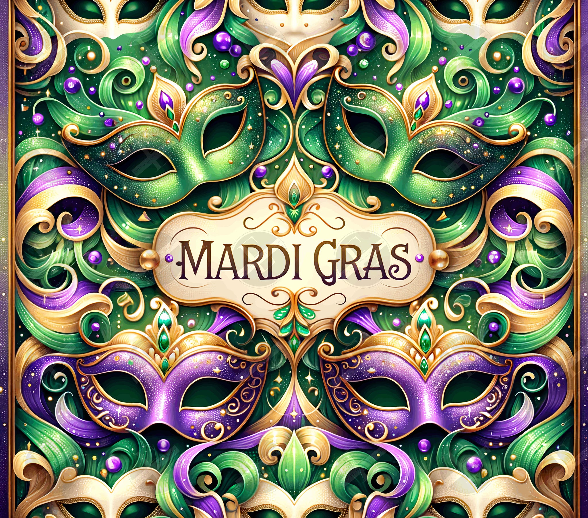 Mardi Gras Tumbler Wraps - Purple Glitter Mask Skinny Tumbler Wrap Design - Sublimation Designs Straight & Tapered - Instant Download