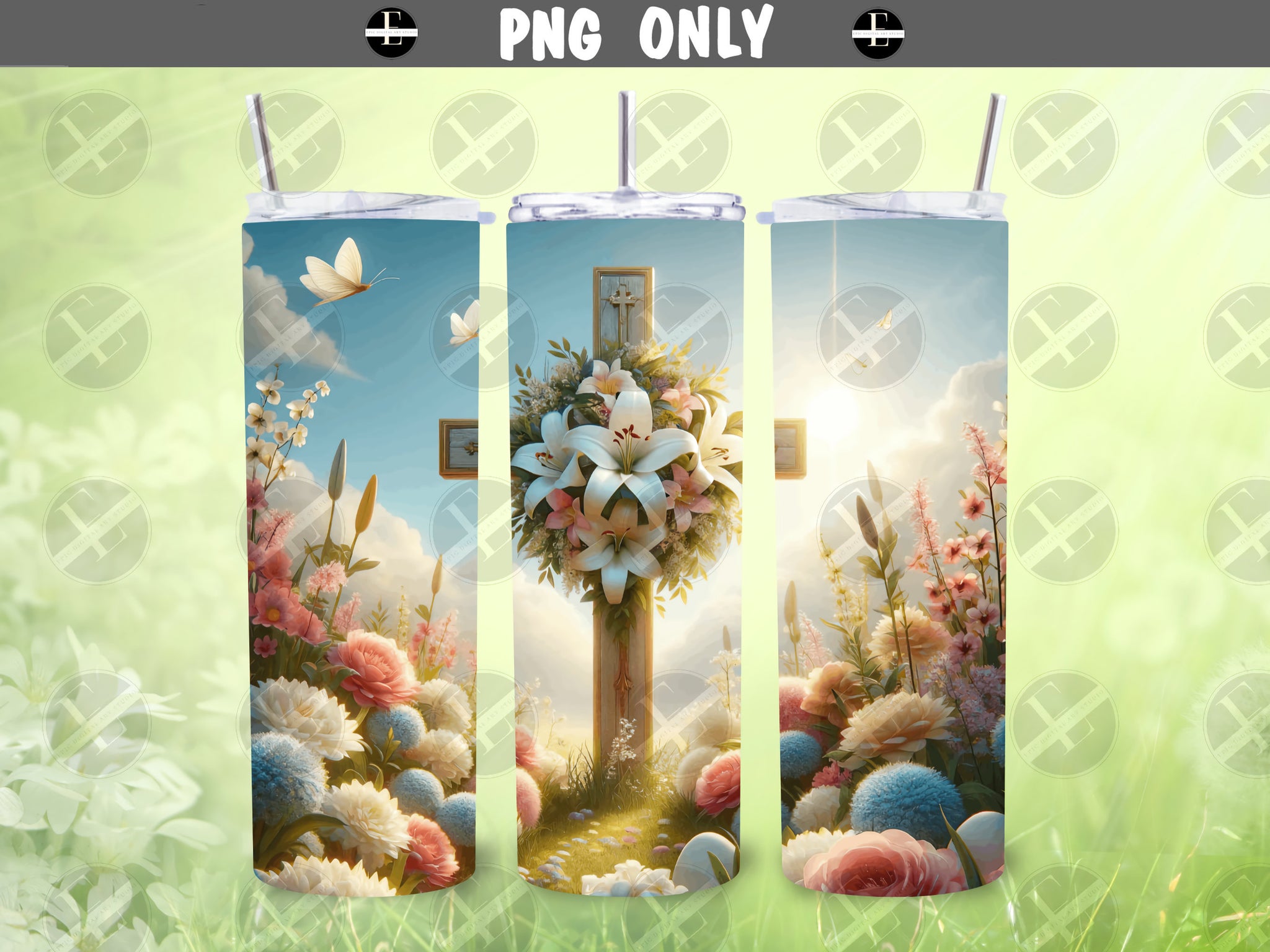 Easter Tumbler Wraps - Easter Cross and Lilies Tumbler Wraps - Ideal Tumbler Sublimation Designs Straight & Tapered - Instant Download