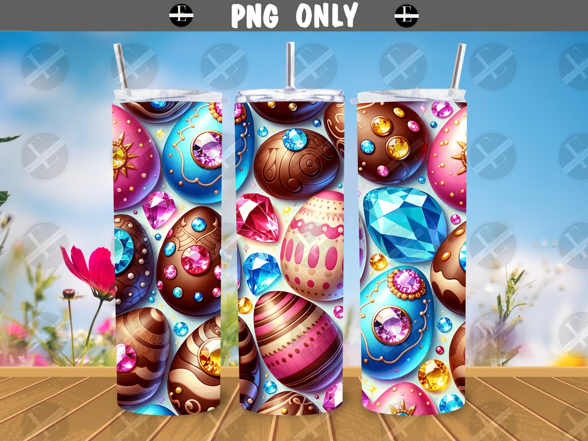 easter tumbler wraps, easter eggs with jewels skinny tumbler sublimation designs art PNG 20 oz