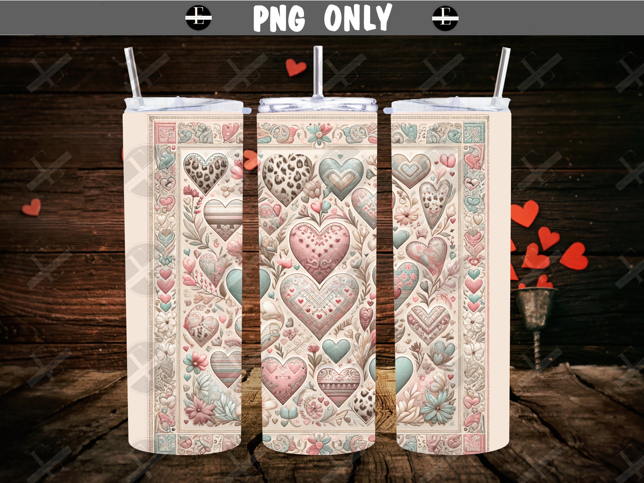 valentines tumbler wraps, embroidered hearts skinny tumbler sublimation designs art PNG 20 oz