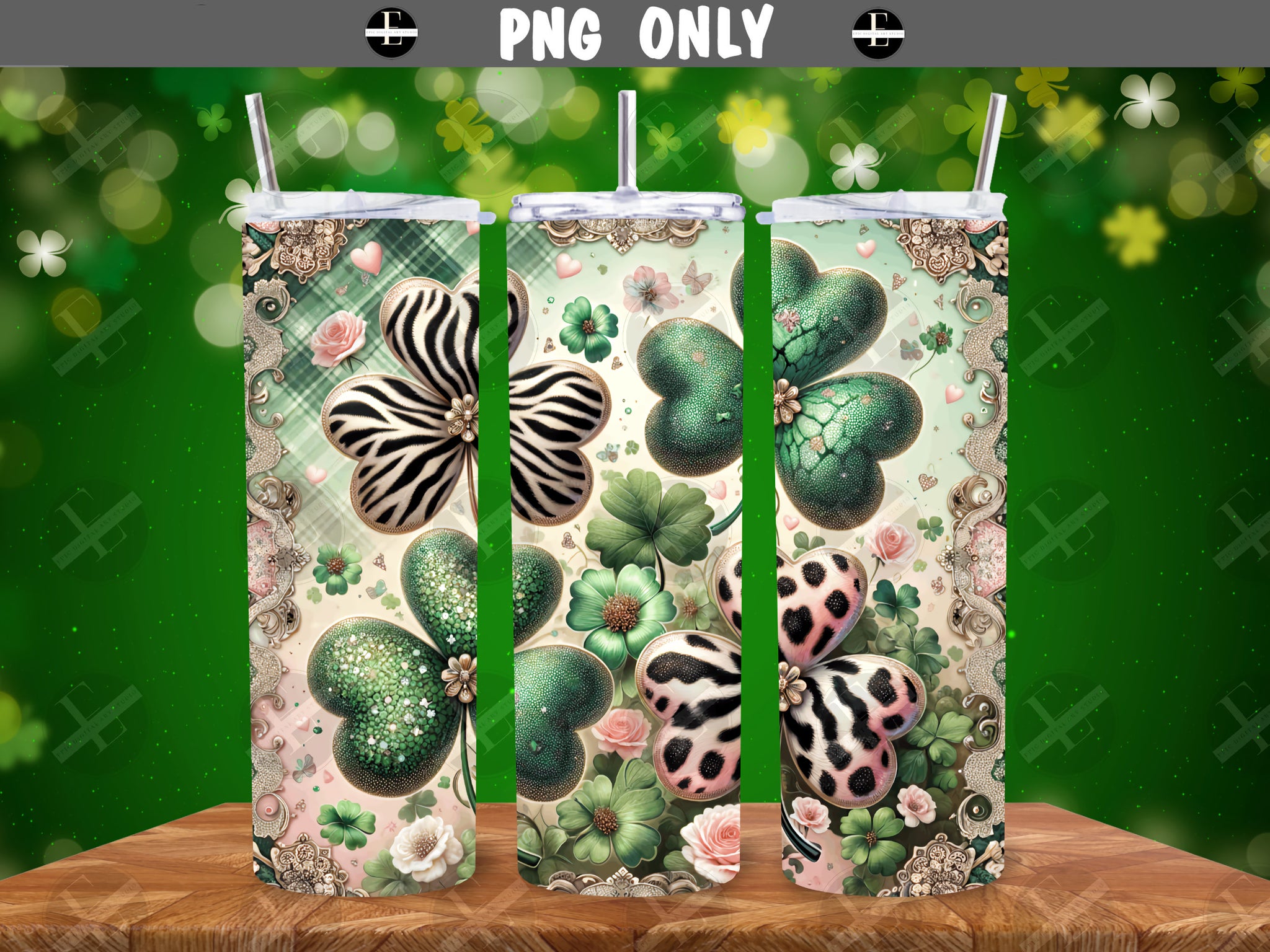 St Patricks Tumbler Wraps - Animal Print Clovers Skinny Tumbler Wrap Design - Sublimation Designs Straight & Tapered - Instant Download
