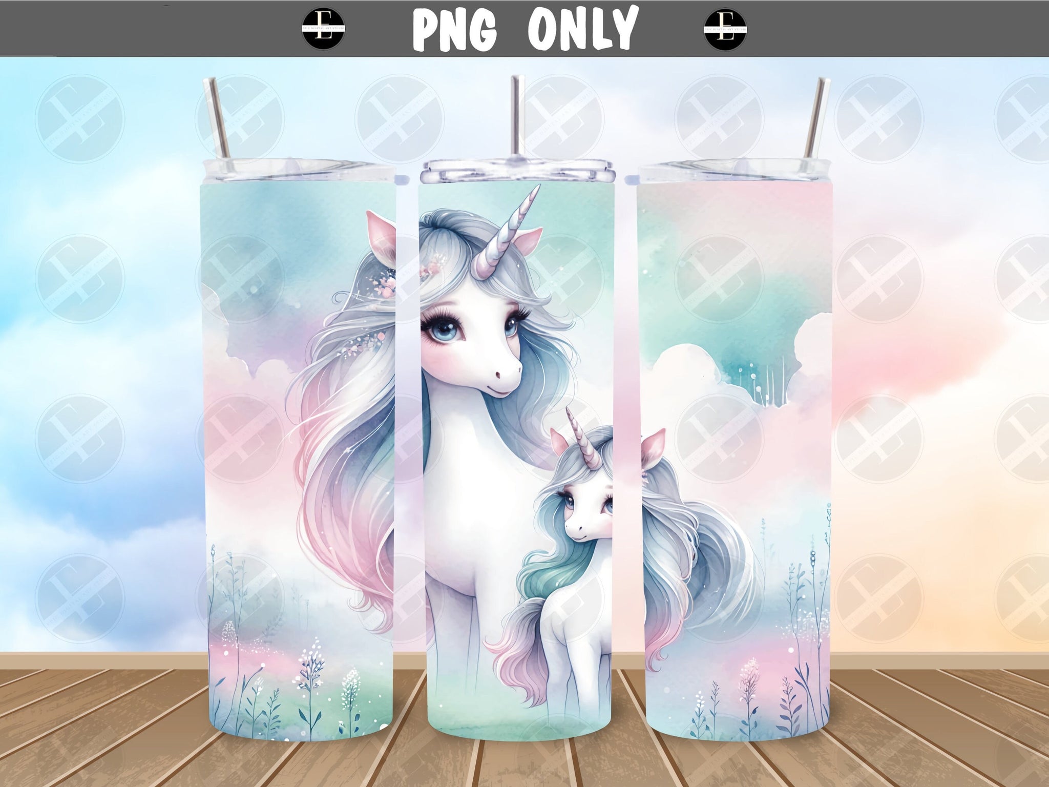 unicorn tumbler wraps, mom and daughter unicorns skinny tumbler sublimation designs art PNG 20 oz