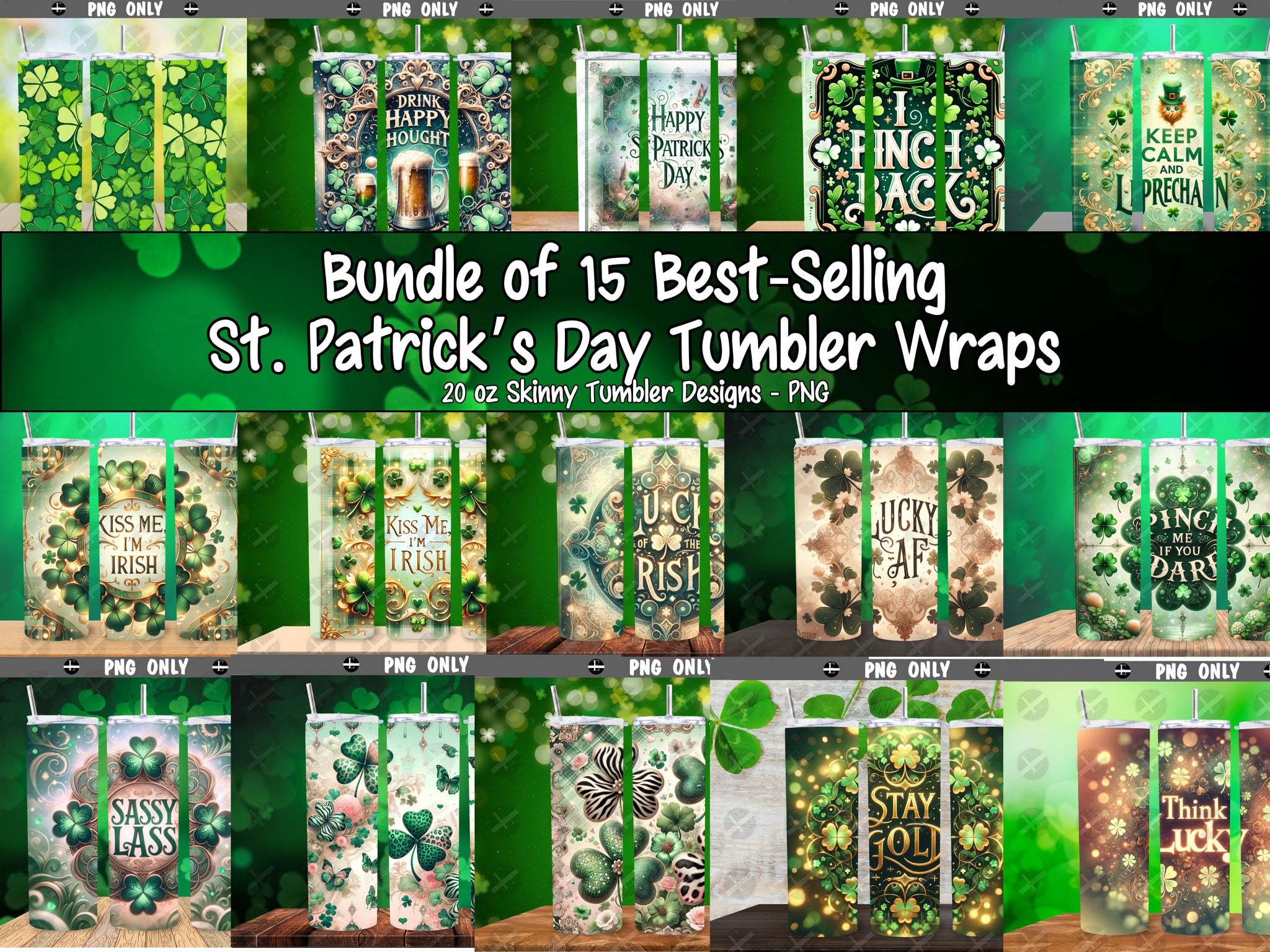 Tumbler Wrap Bundle - 15 St. Patricks Day Best Sellers Tumbler Wrap PNG, Vinyl Tumbler Wrap Designs 20 oz Skinny Tumbler Digital Download