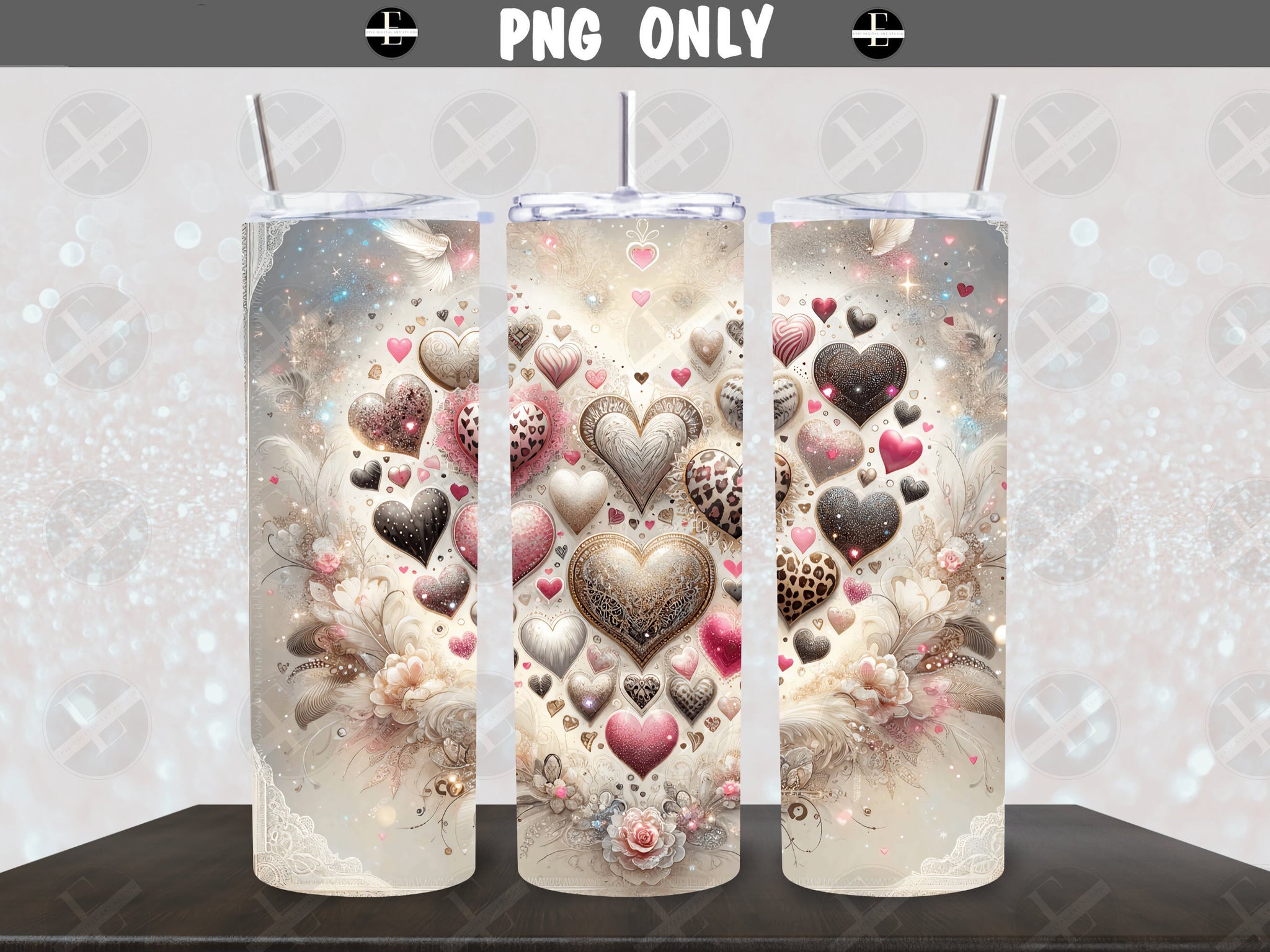 valentines tumbler wraps, animal print hearts, glitter hearts, skinny tumbler sublimation design art PNG 20 oz