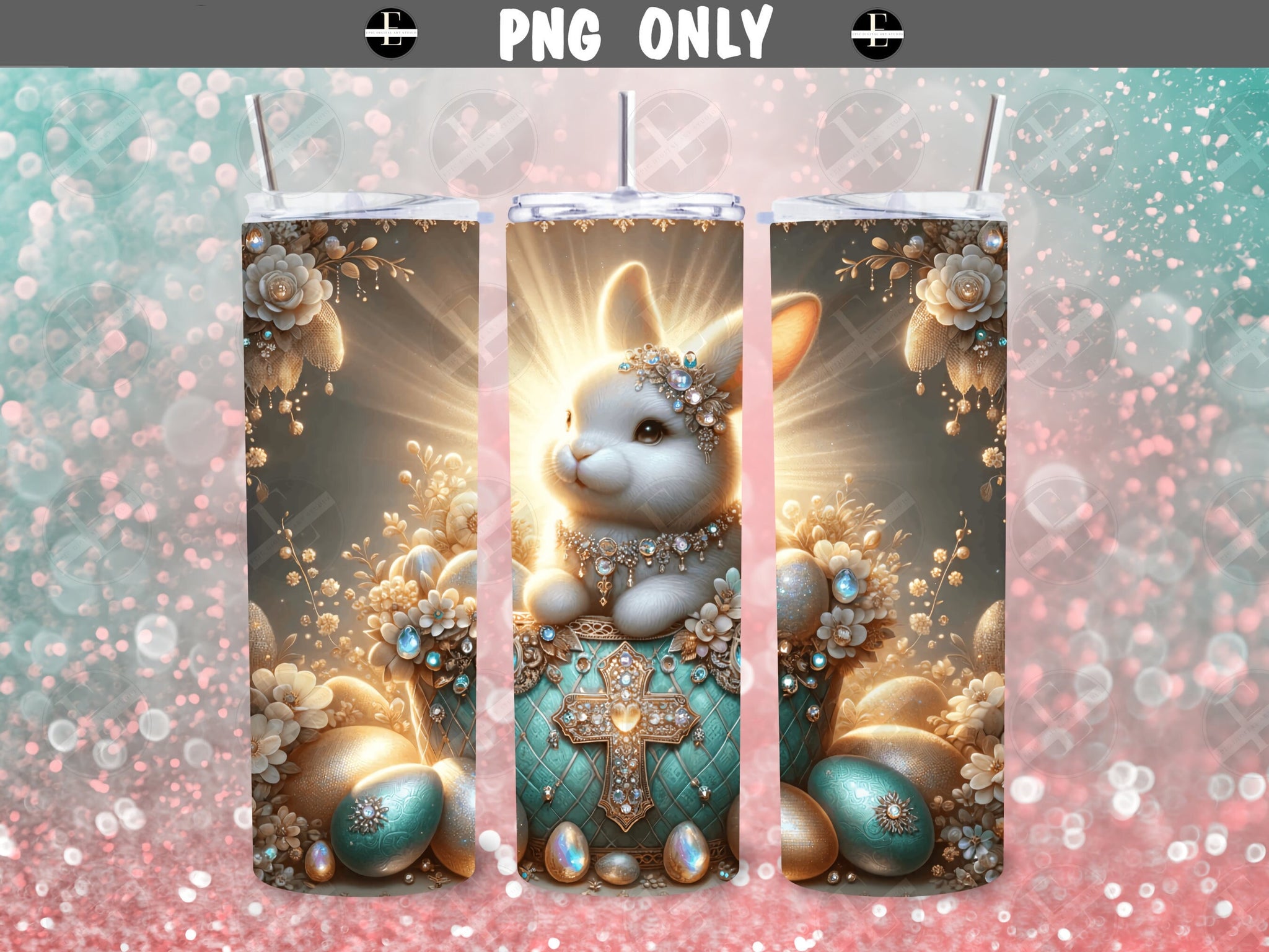 easter tumbler wraps, easter bunny in jewels, skinny tumbler sublimation designs art PNG 20 oz