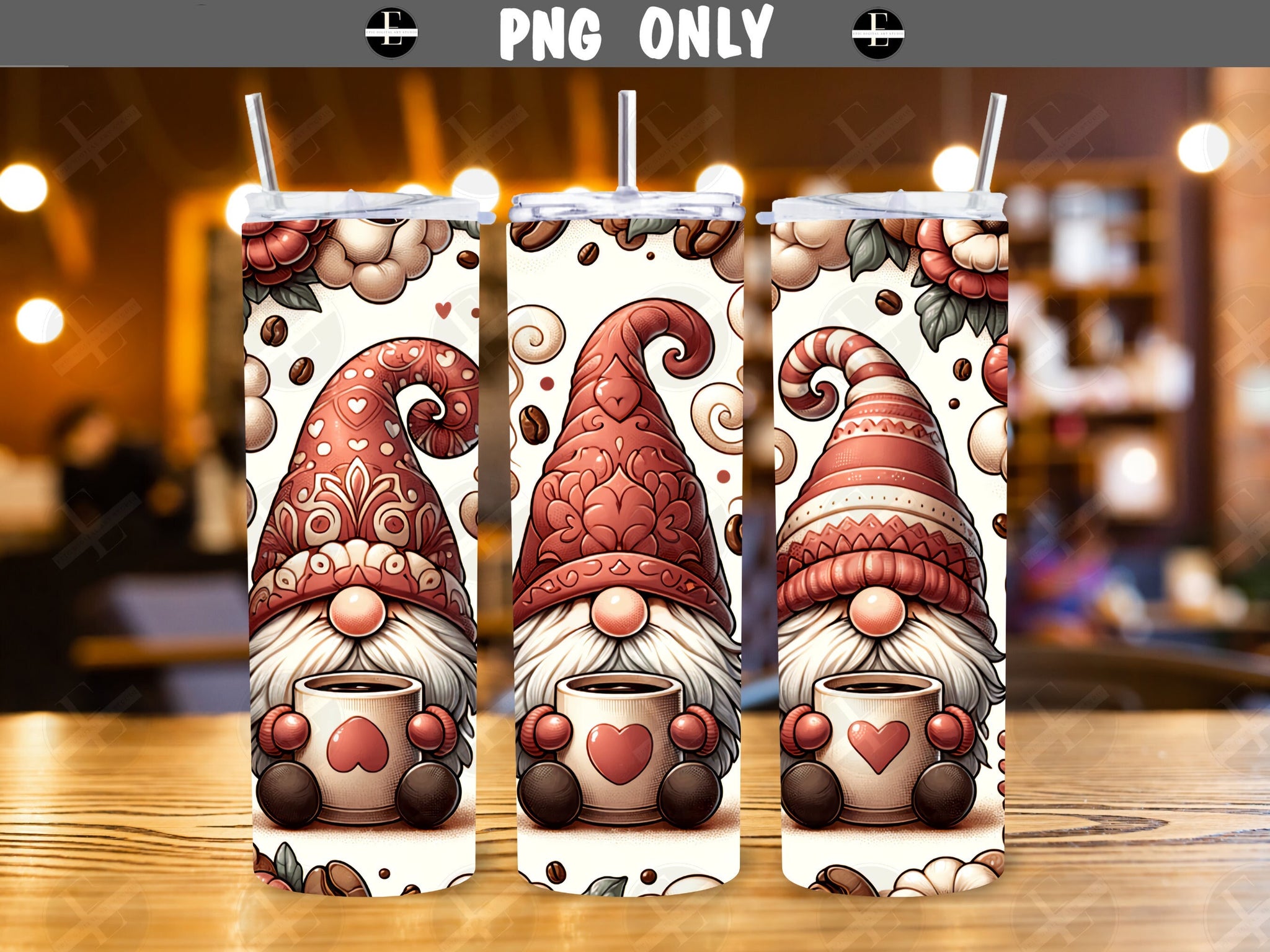 gnomes tumbler wraps, coffee lover skinny sublimation tumbler designs art PNG 20 oz