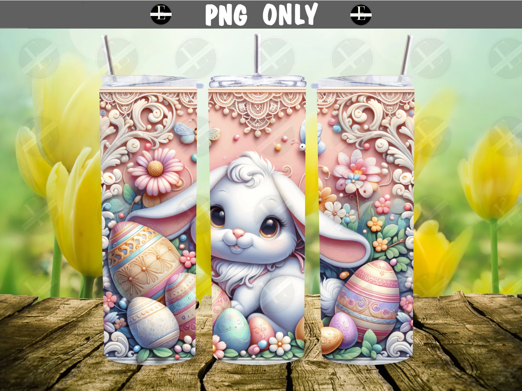 easter tumbler wraps, 3d easter bunny rabbit skinny tumbler sublimation designs art PNG 20 oz