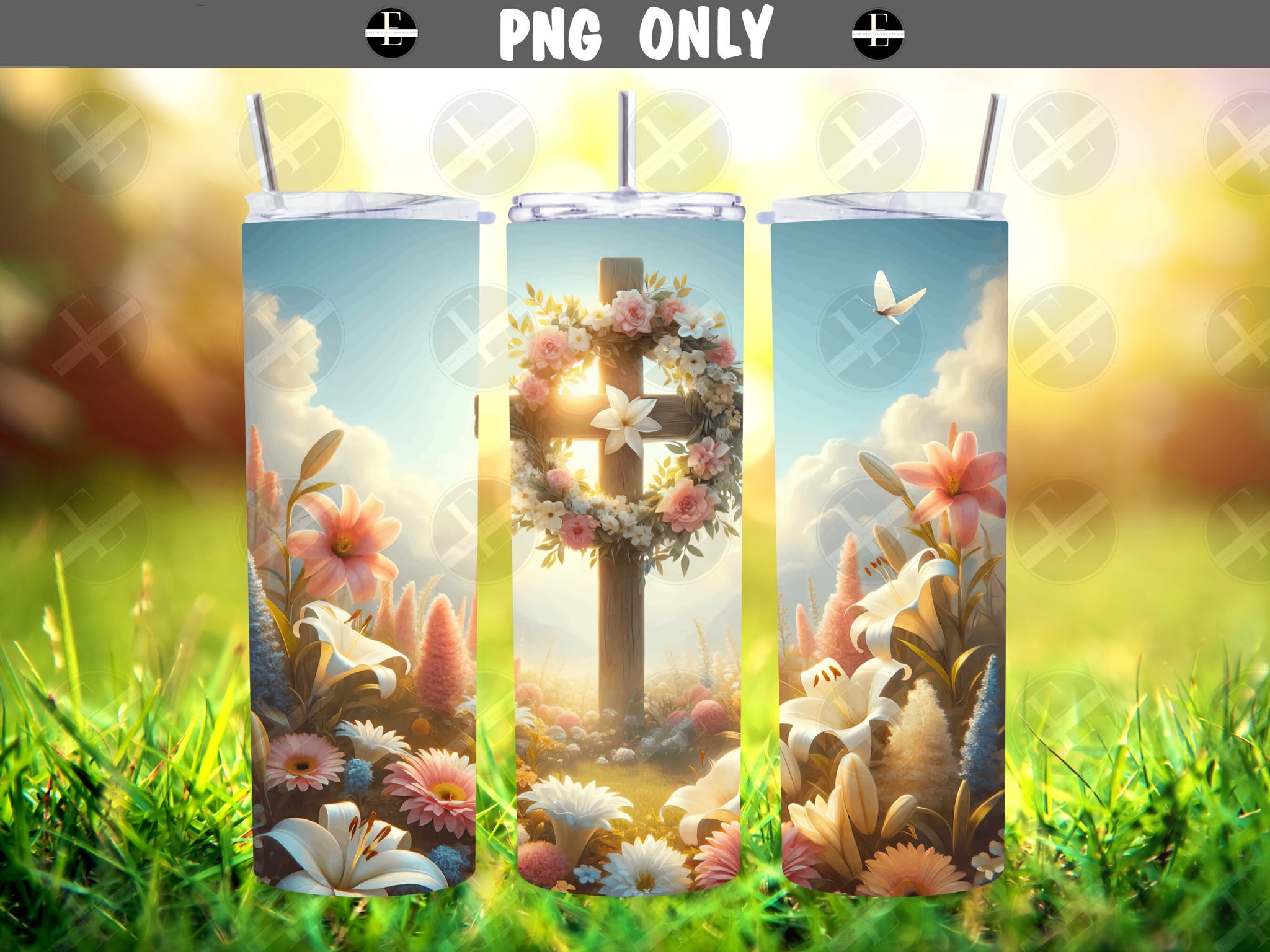 easter tumbler wraps, easter cross with easter lilies skinny tumbler sublimation designs art PNG 20 oz
