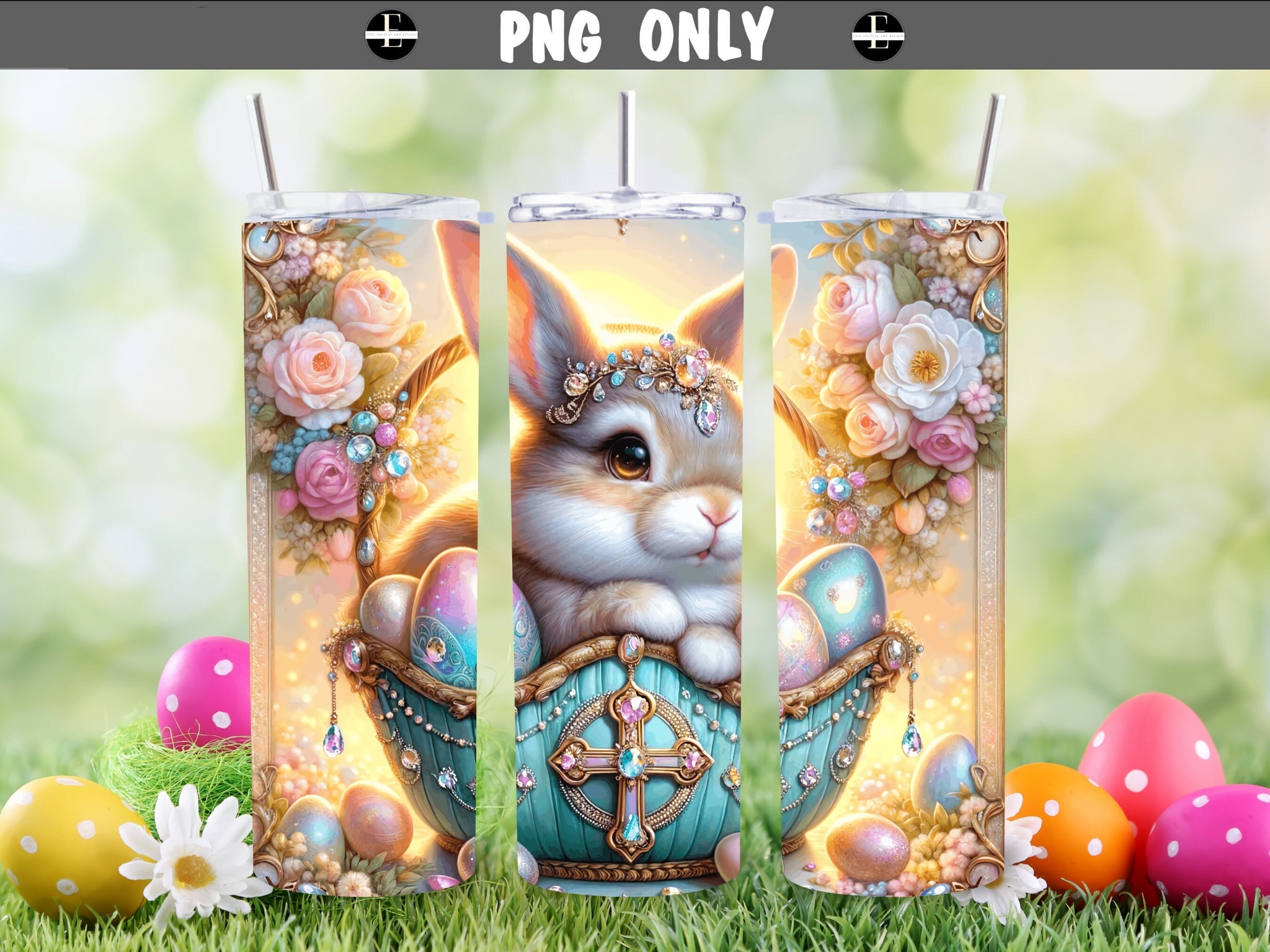 easter tumbler wraps, easter bunny in jewels in a basket skinny tumbler sublimation designs art PNG 20 oz