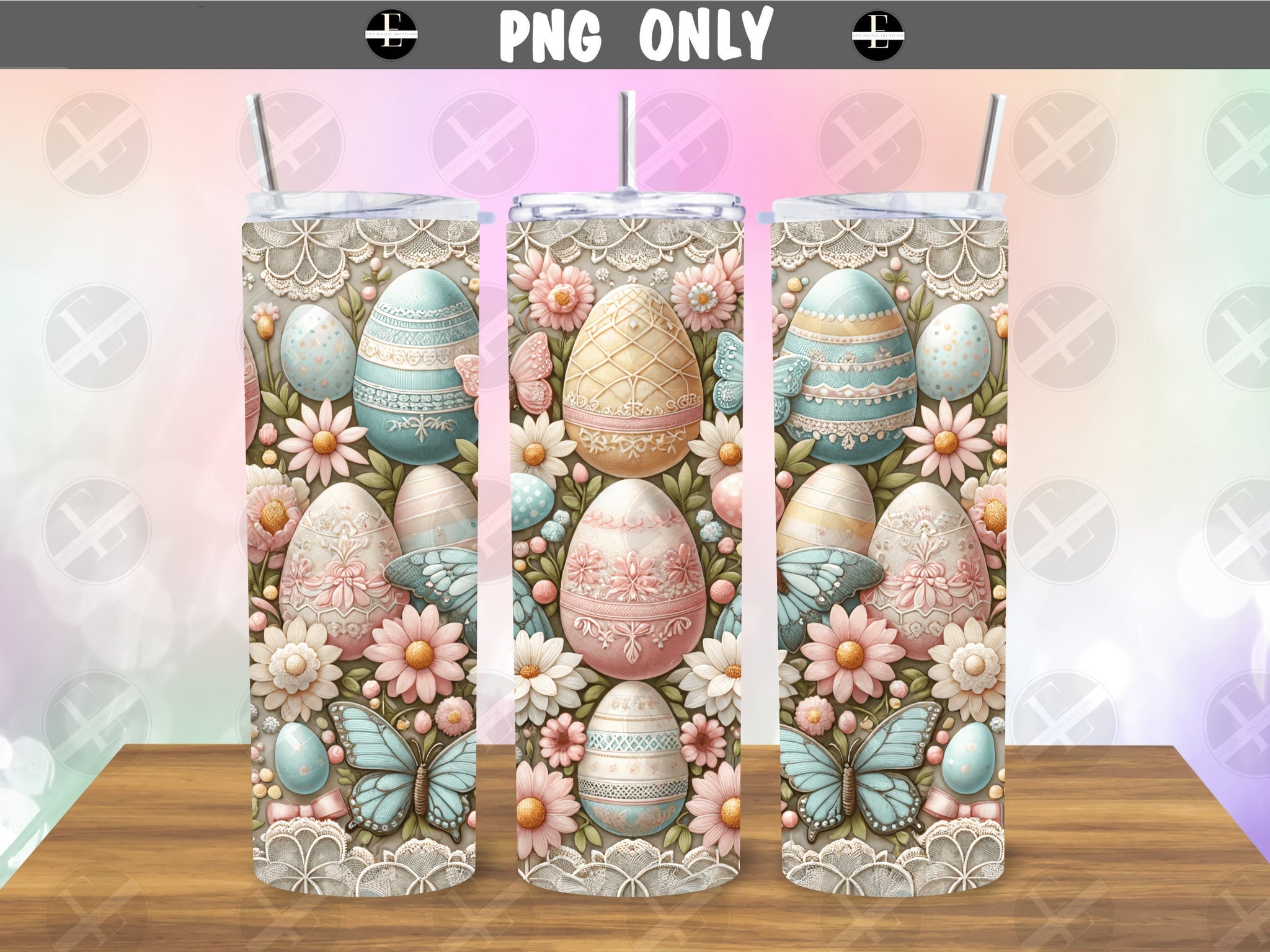 3d tumbler wraps, easter embroidered 3d skinny tumbler sublimation designs art PNG 20ozs