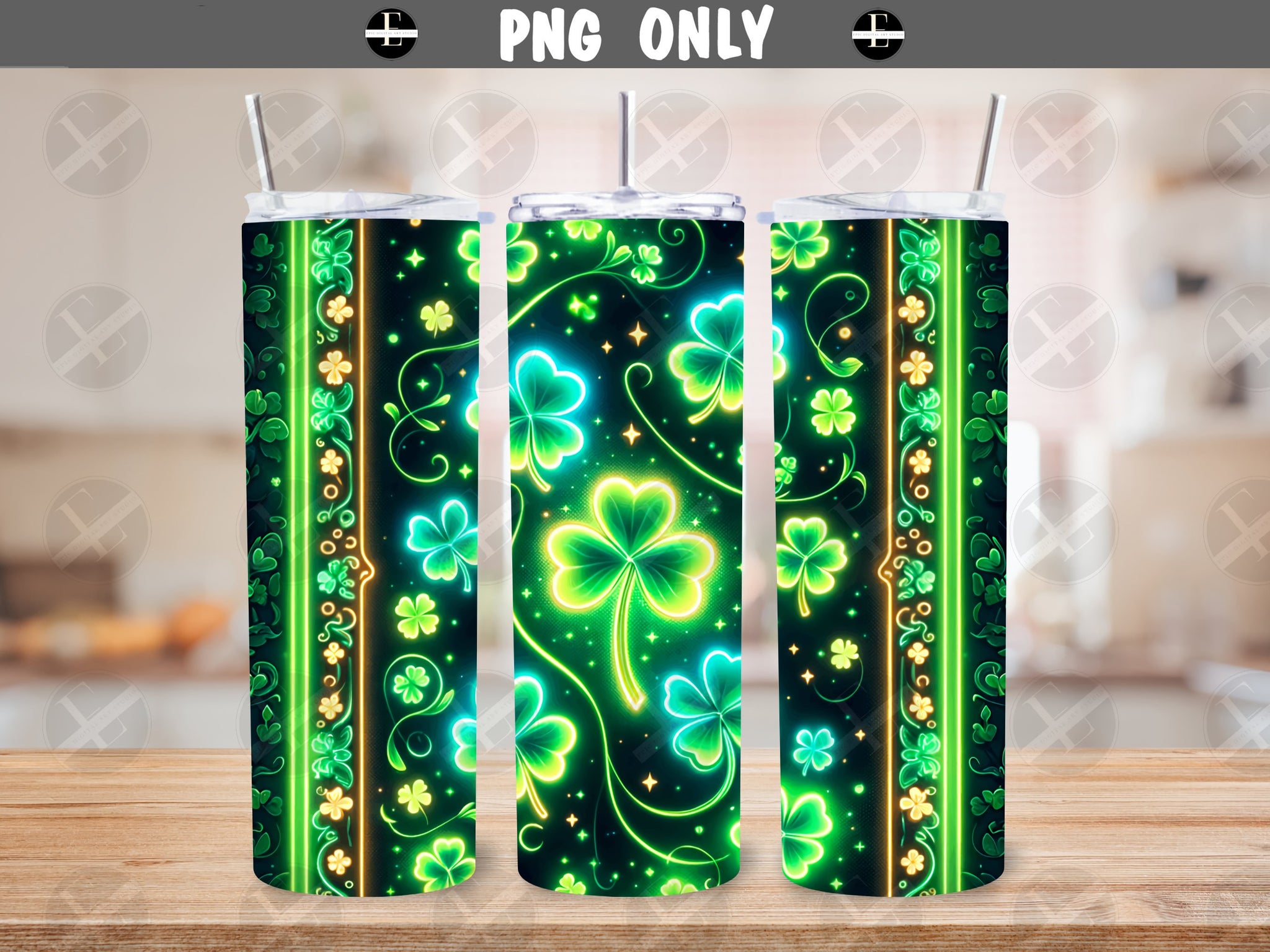 20ozs Wrap Designs - Neon Shamrocks Skinny Tumbler Wrap - Sublimation Designs Straight & Tapered - Instant Download