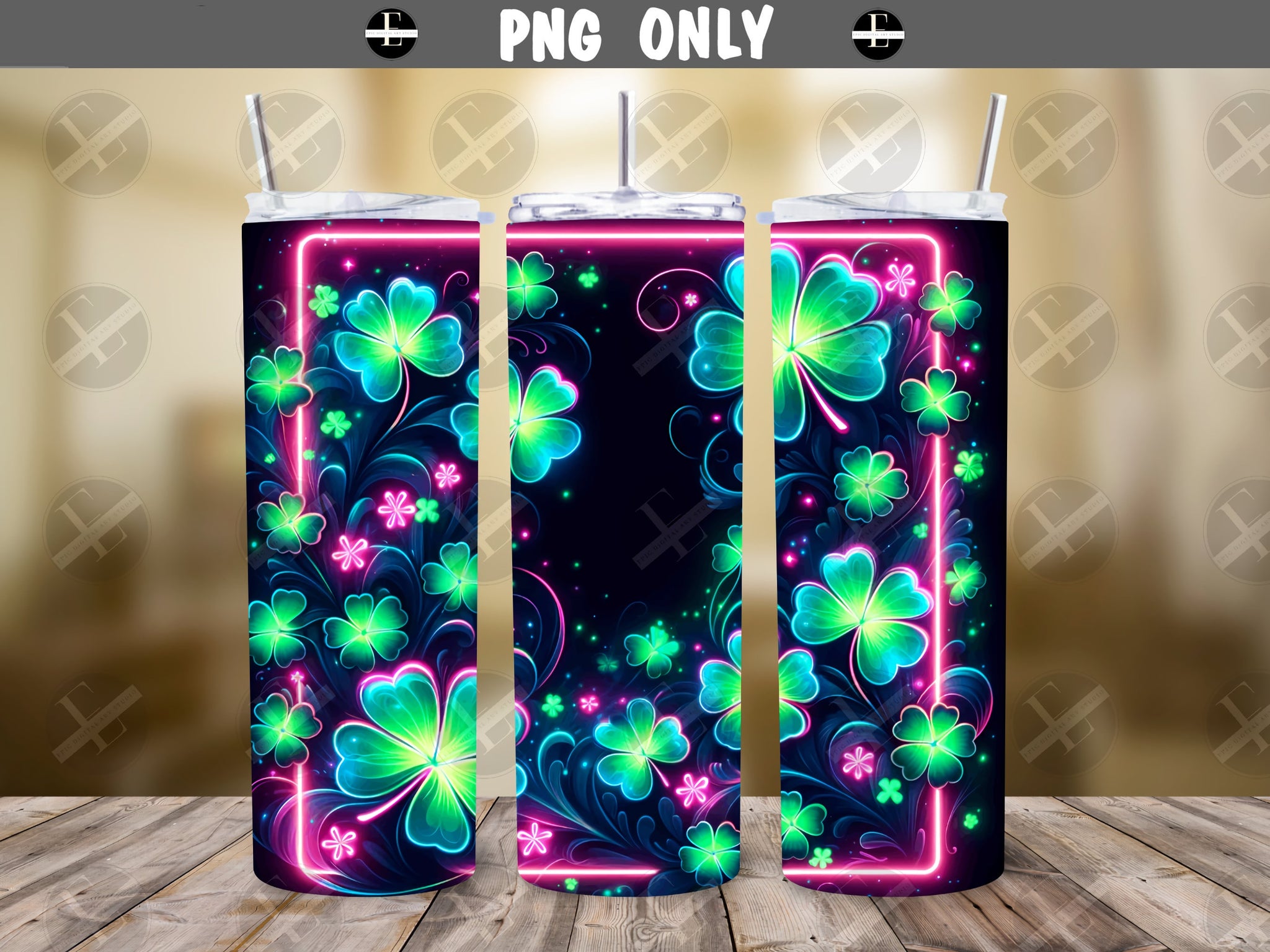 20ozs Wrap Designs - Neon Shamrocks Skinny Tumbler Wrap - Sublimation Designs Straight & Tapered - Instant Download