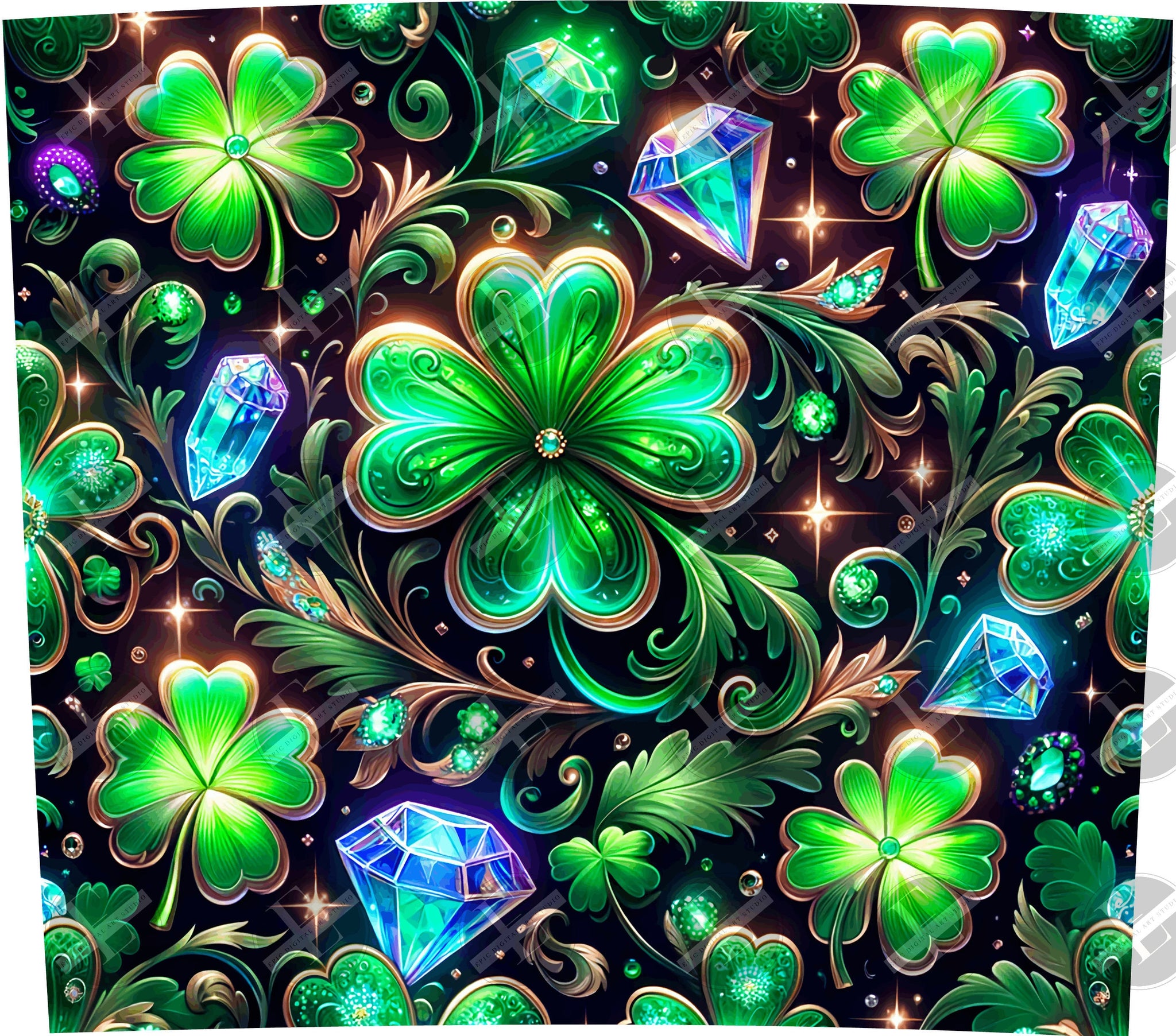 20ozs Wrap Designs - Neon Jeweled Shamrocks Skinny Tumbler Wrap - Sublimation Designs Straight & Tapered - Instant Download