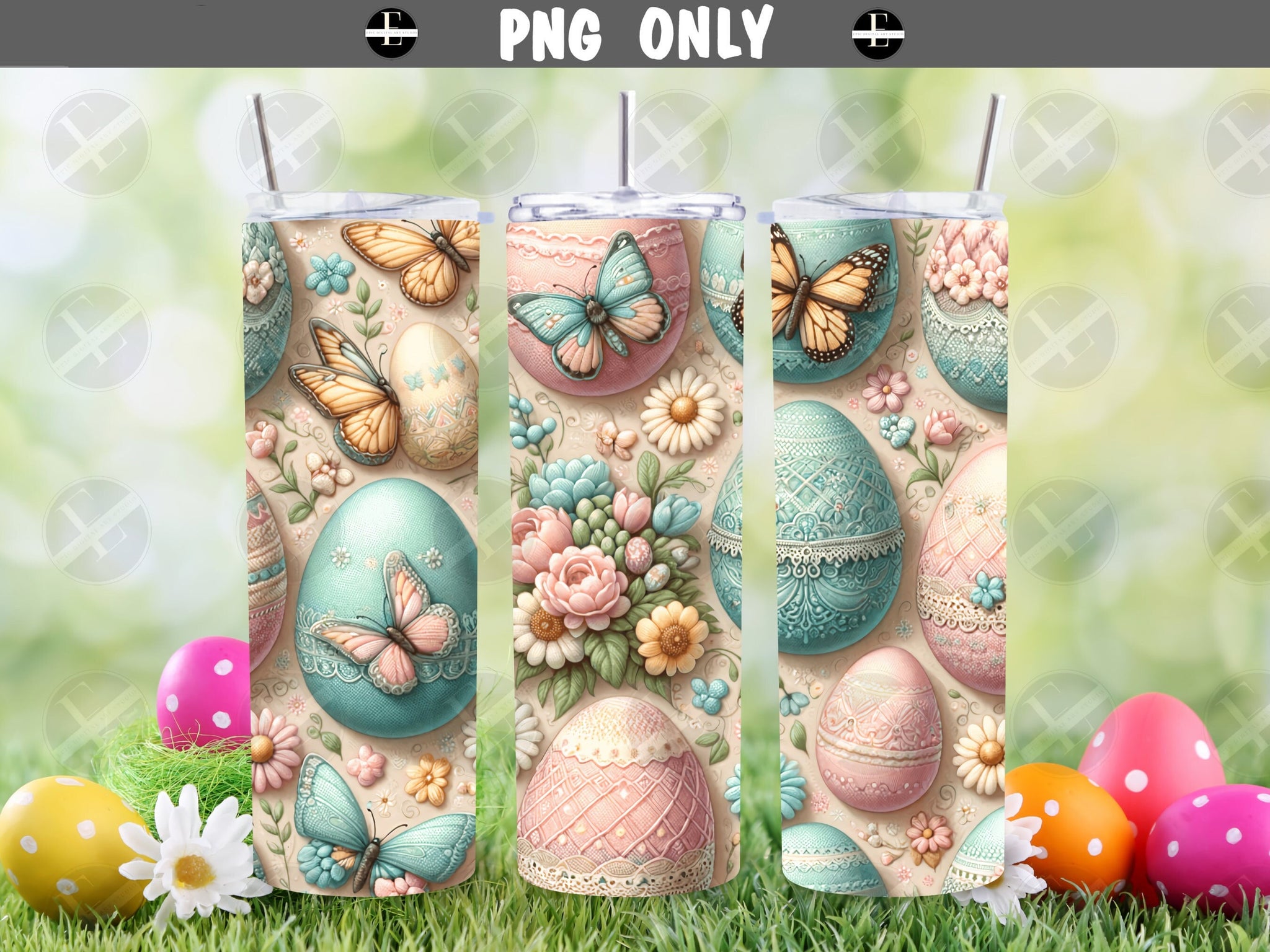 easter tumbler wraps, easter eggs 3D embroidered egg pattern skinny tumbler sublimation designs art PNG 20 oz