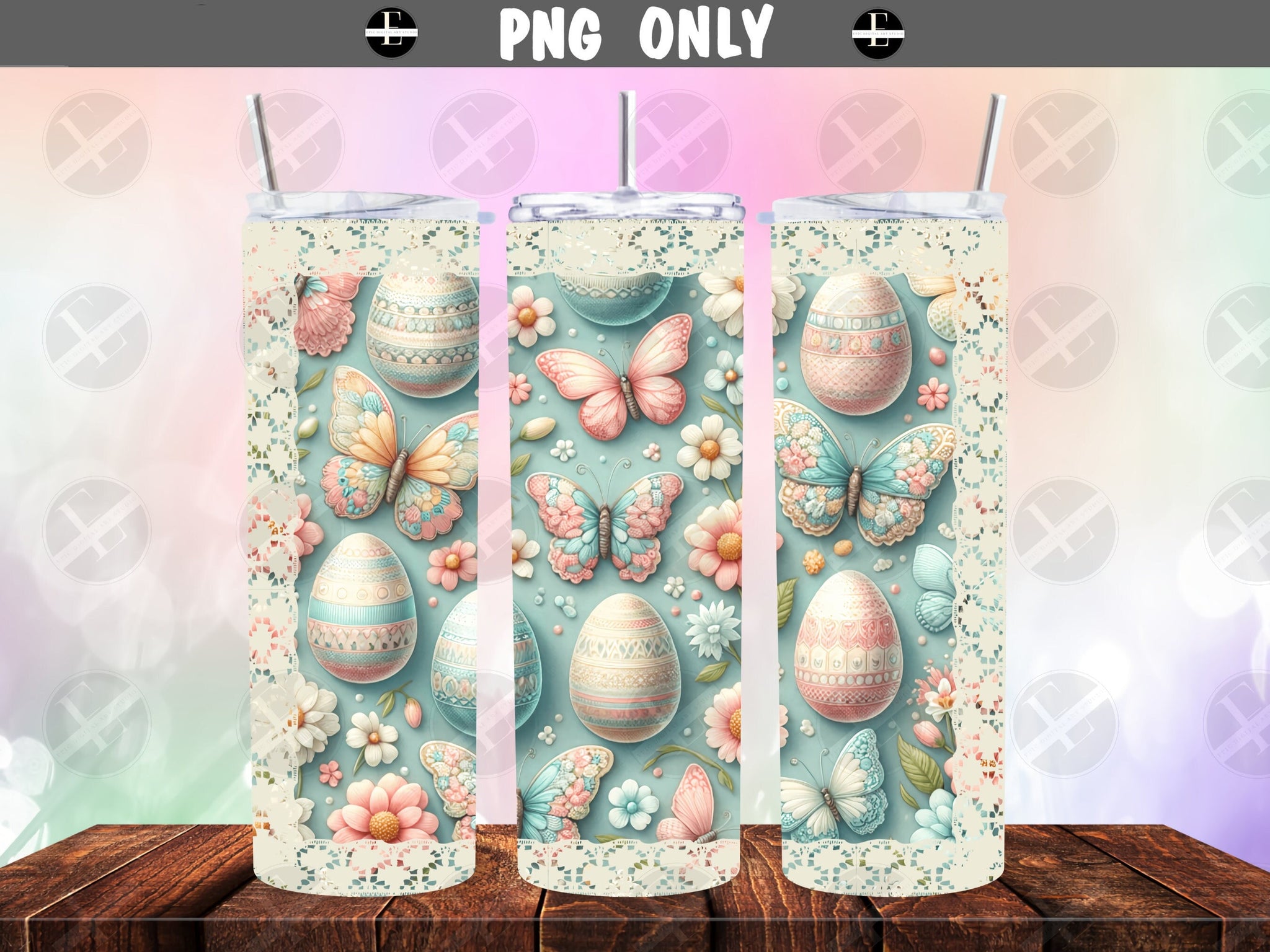 easter tumbler wraps, 3d embroidered easter eggs skinny tumbler sublimation designs art PNG 20 oz